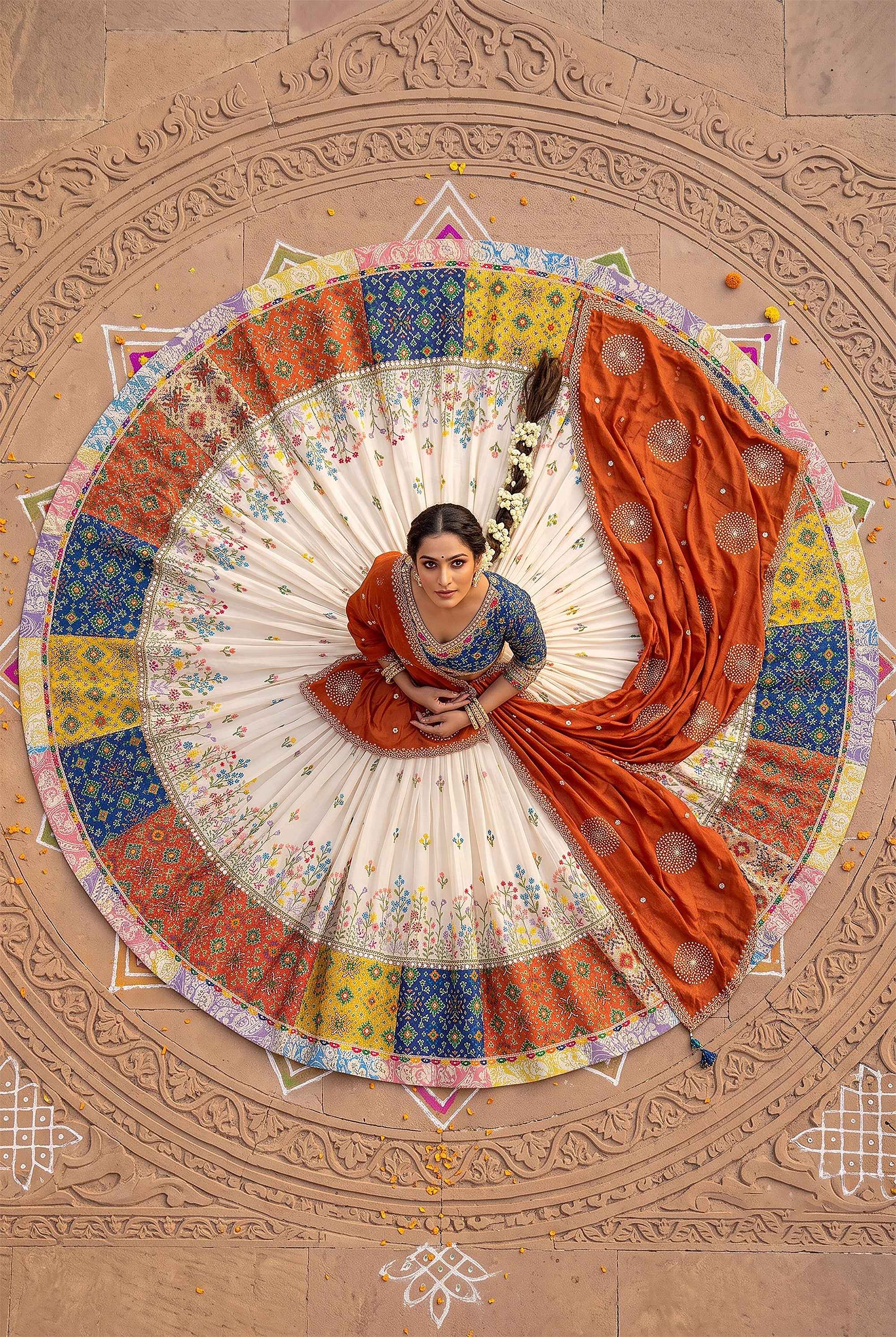 Luxury Ivory Designer Garba Lehenga with Blue Patola Mirror work Blouse | Palkhi Fashion