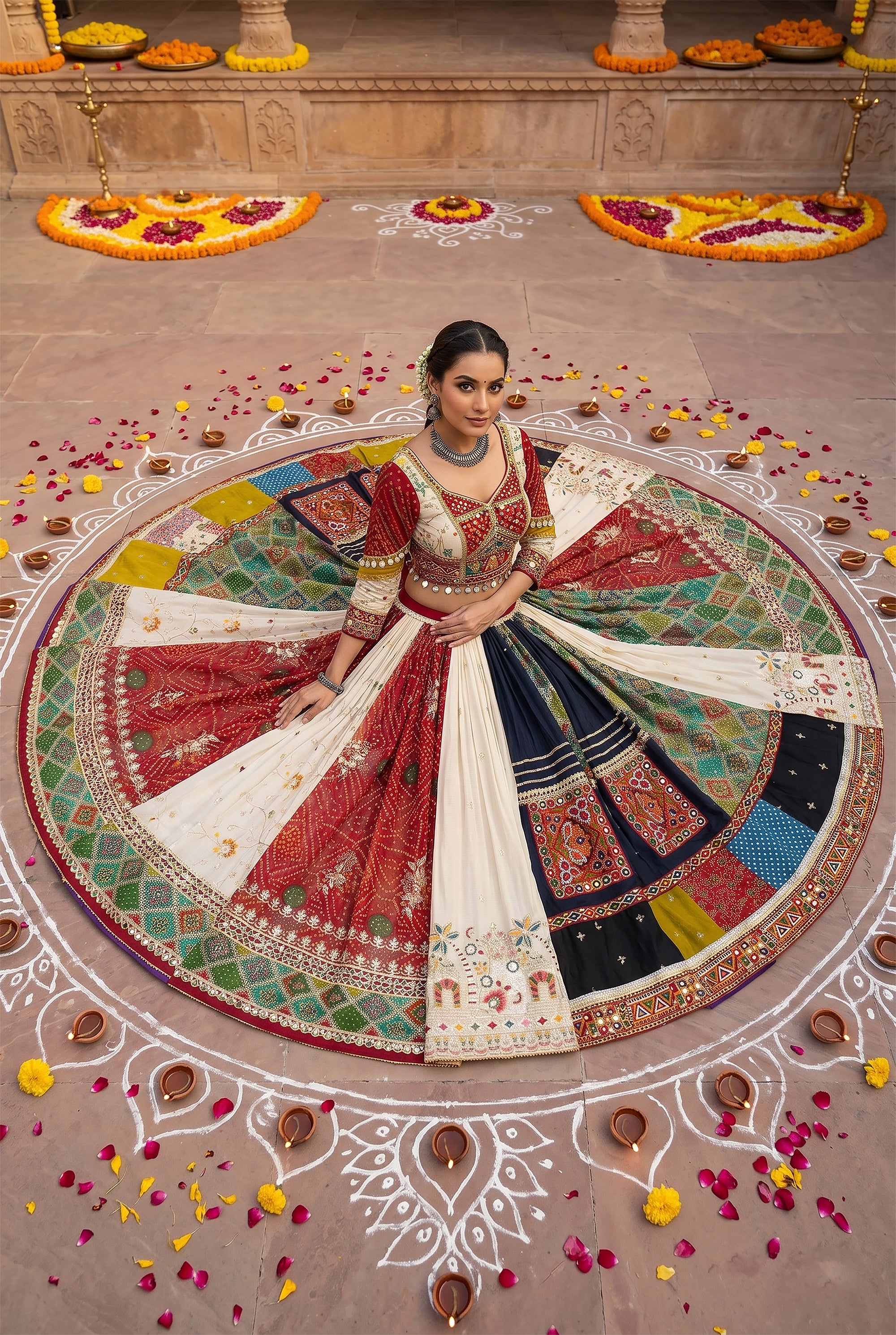 Royal Navrang – Full Flair Multicolor Gujarati Patchwork Navratri Chaniya Choli | Palkhi Fashion