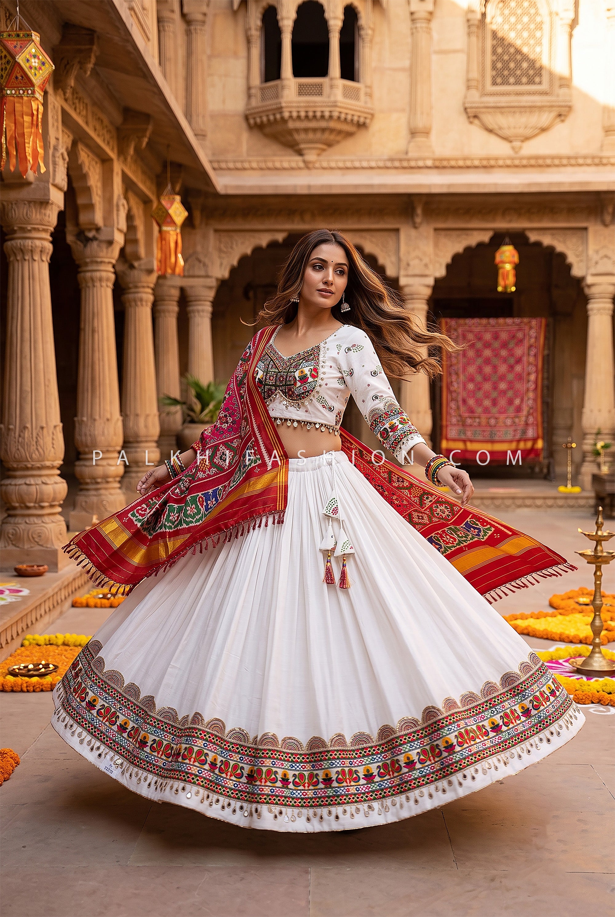 Royal White Navratri Chaniya Choli with Patola Dupatta | Palkhi Fashion