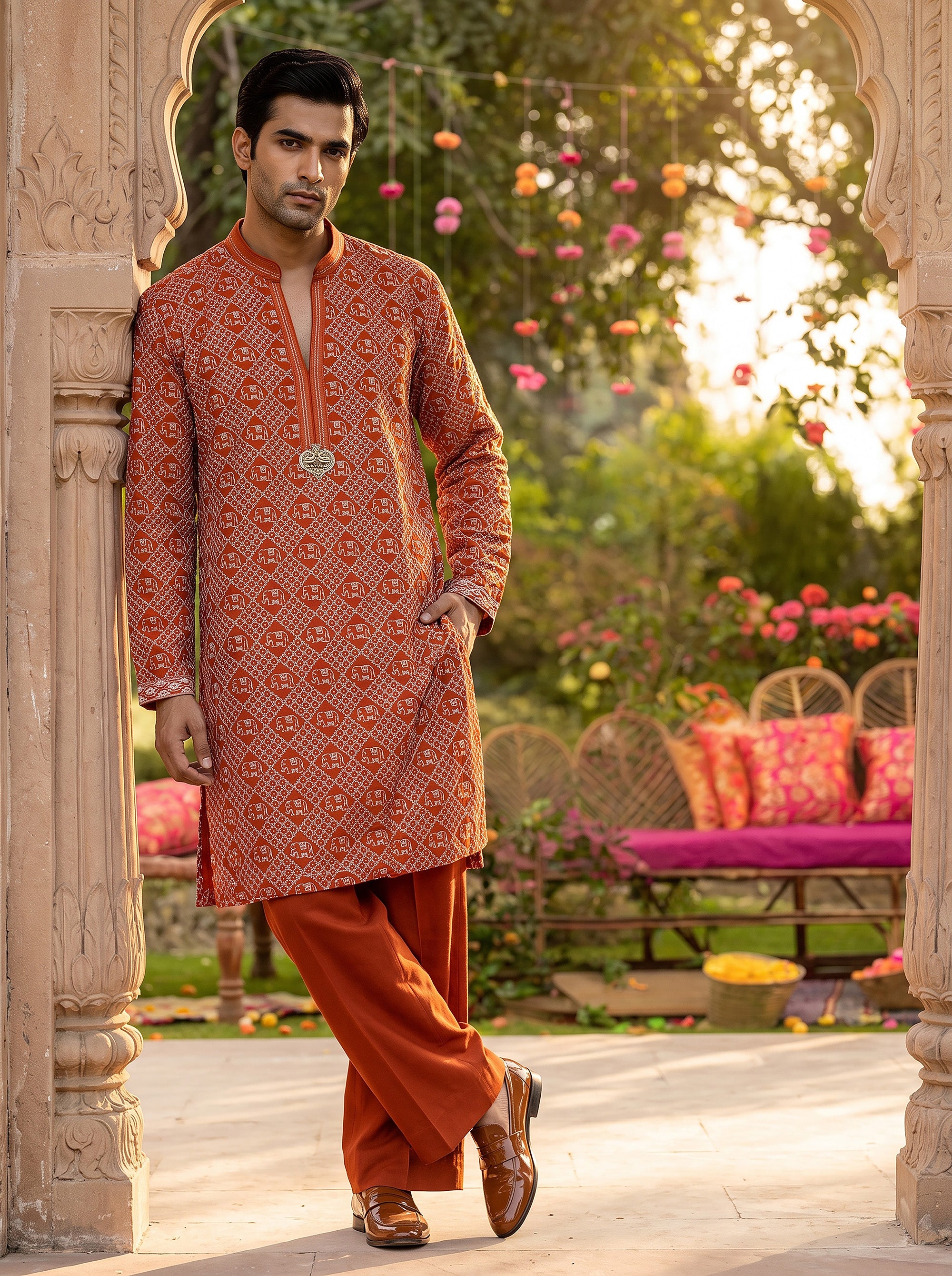 Festive Elegance | Rust Orange Designer Silk Kurta Set with Elephant Embroidery | Palkhi Fashion