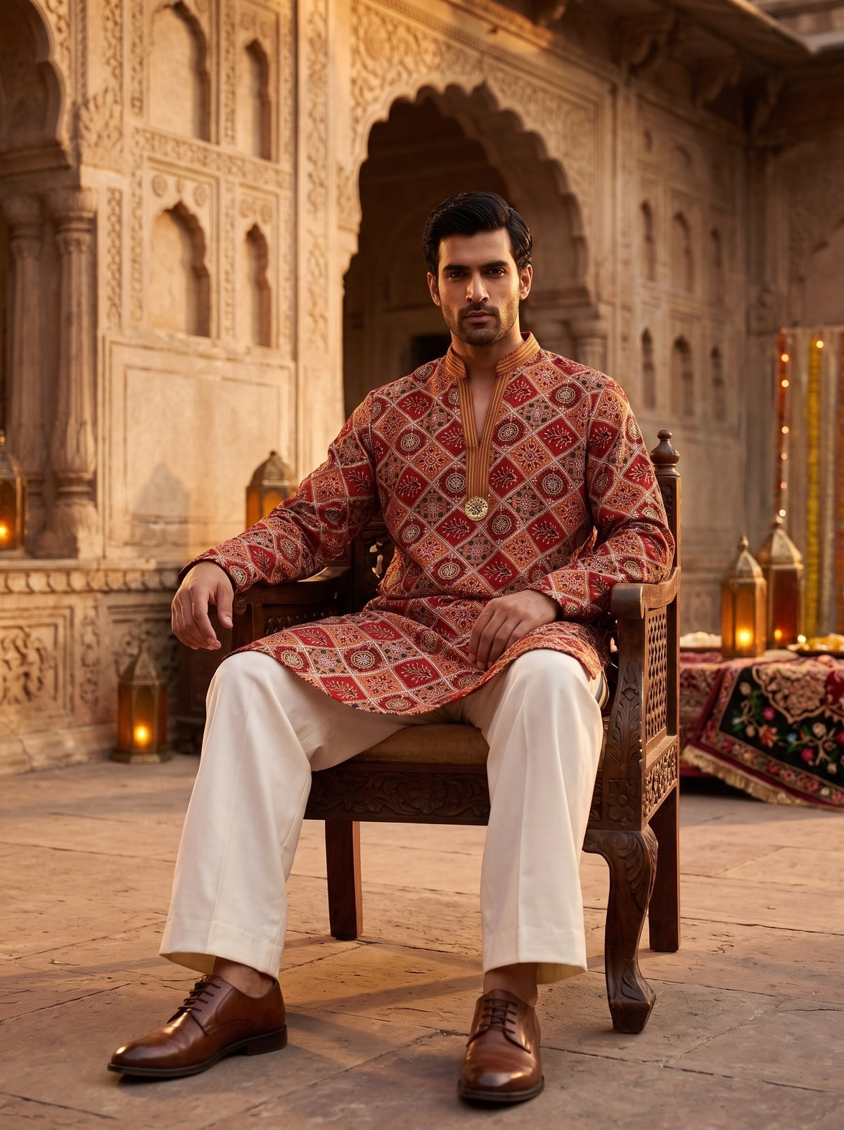 Heritage Crimson | Designer Red Printed Silk Men's Kurta with Zari & Cutdana | Palkhi Fashion