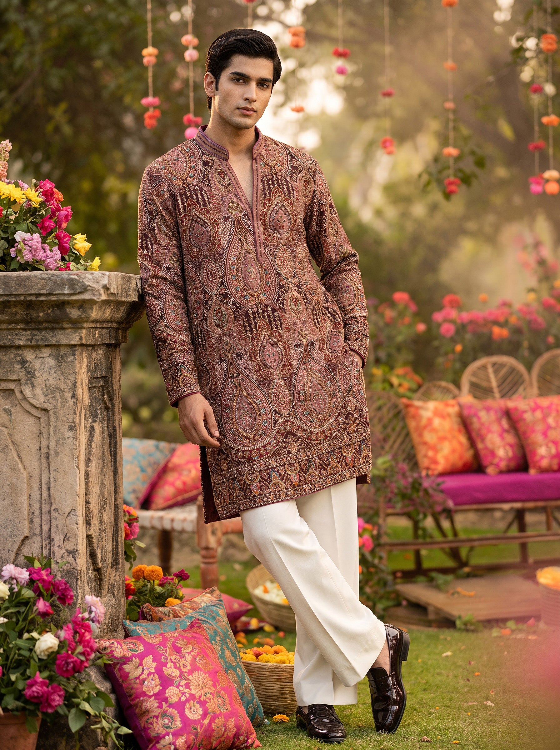 Regal Tapestry | Maroon Silk Blend Designer Kurta Set with Hand Embroidery | Palkhi Fashion