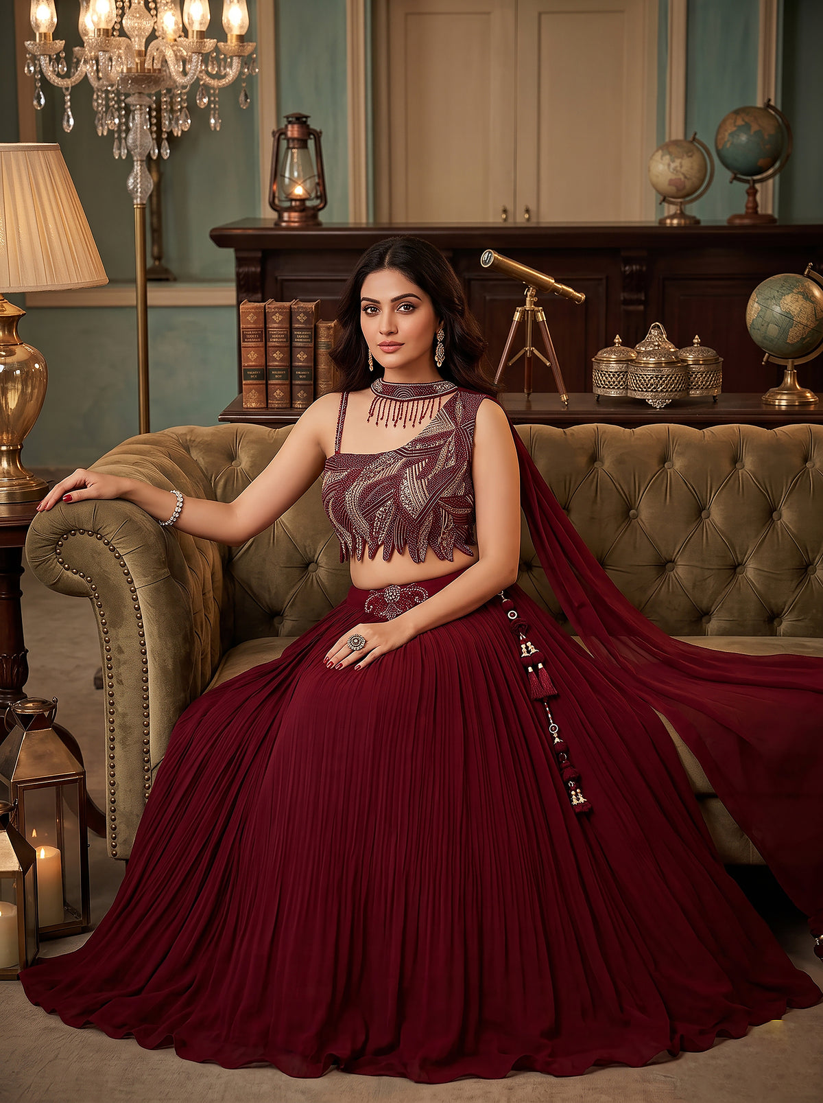 Crimson Elegance | Festive Maroon Cutdana & Beadwork Lehenga with Choker Dupatta | Palkhi Fashion