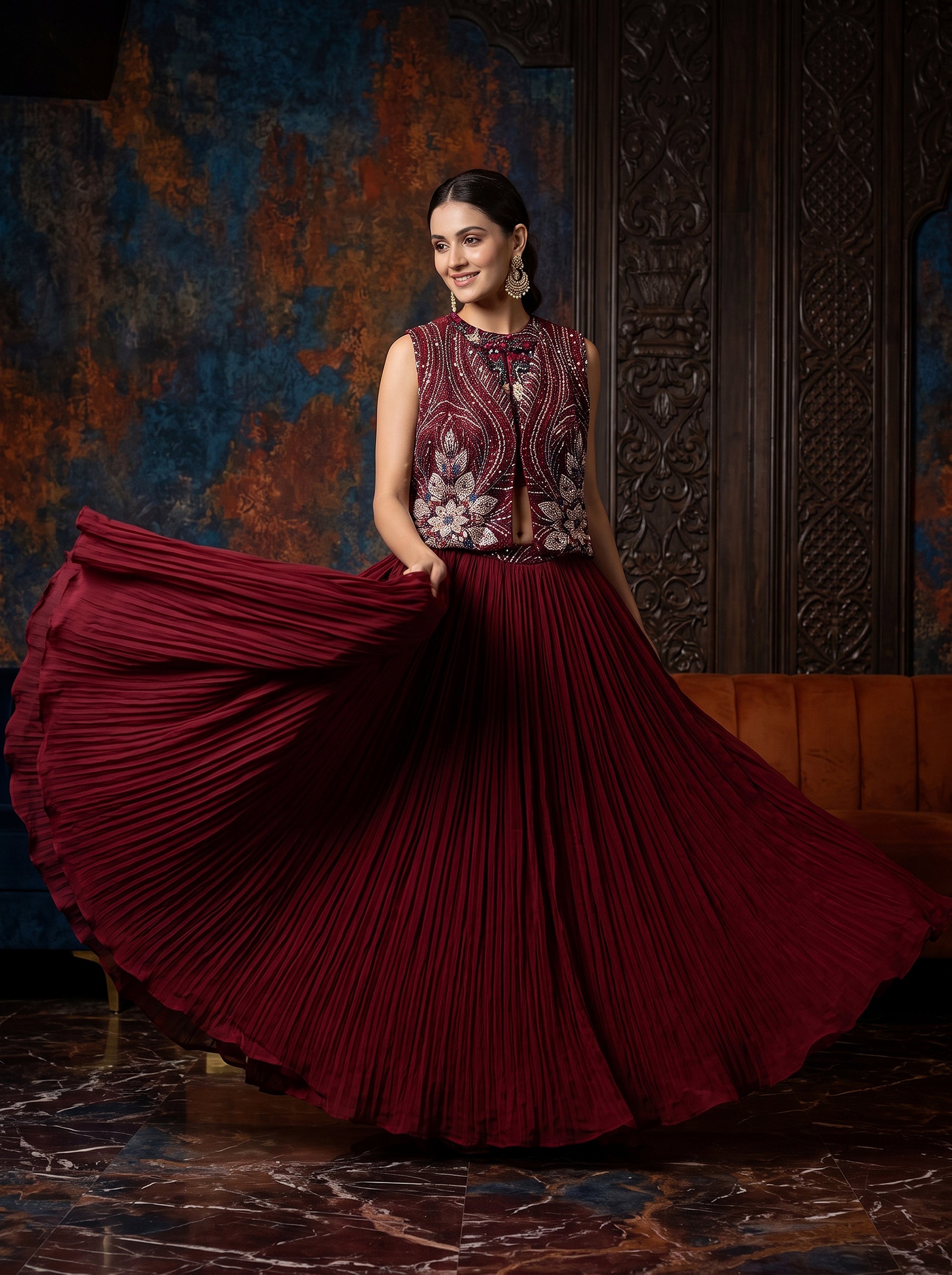 Crimson Allure | Maroon Pleated Lehenga with Embellished Indo-Western Jacket | Palkhi Fashion