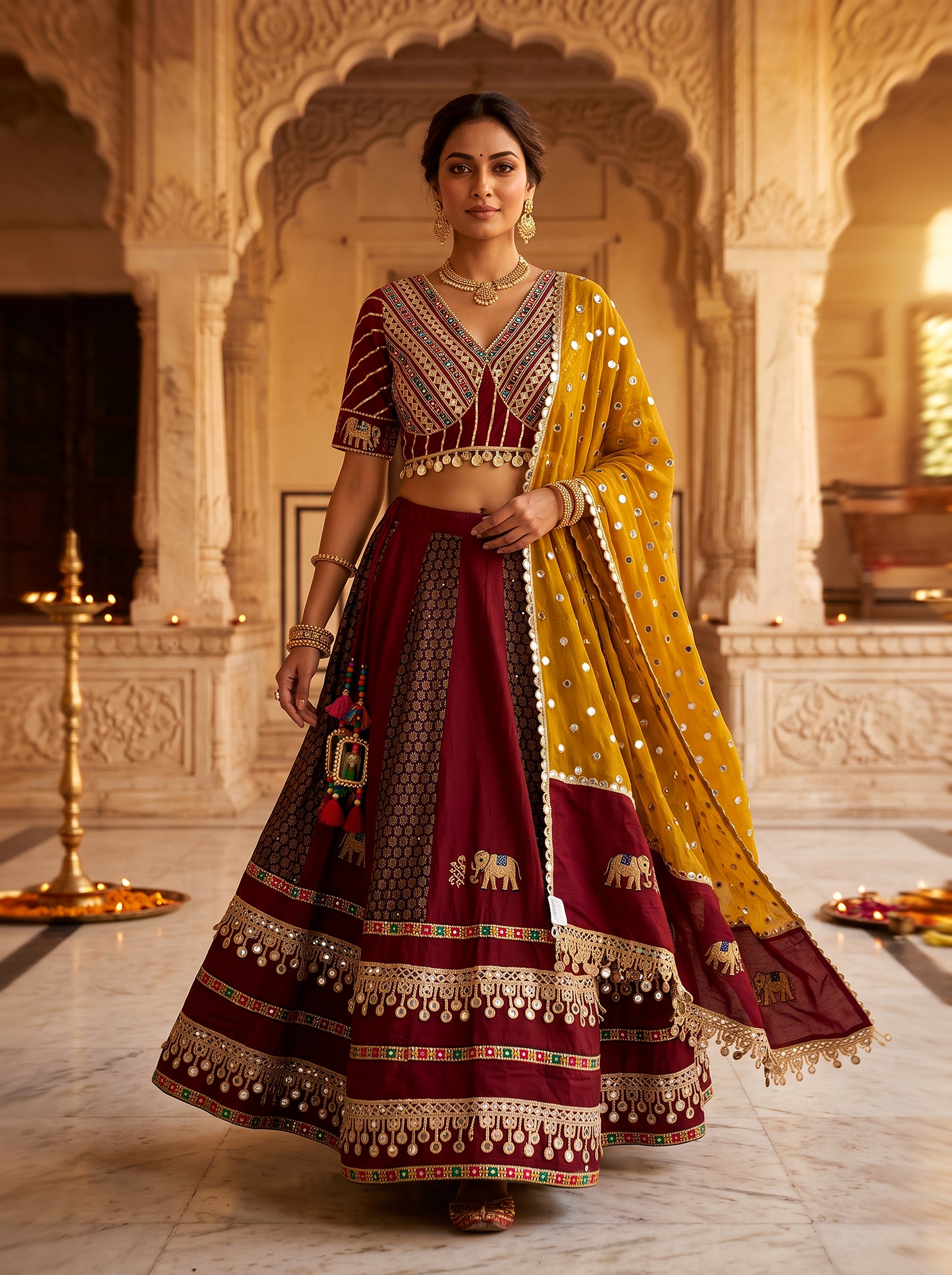 Vibrant Heritage | Maroon Elephant Motif Navratri Chaniya Choli with Mirror Work | Palkhi Fashion