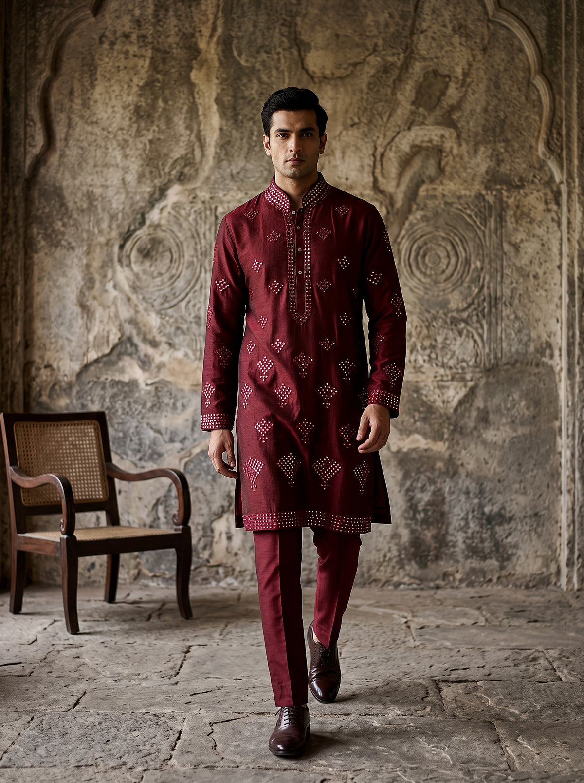 Maroon Brilliance | Maroon Silk Blend Mirror Work Kurta Set with Straight Pants | Palkhi Fashion