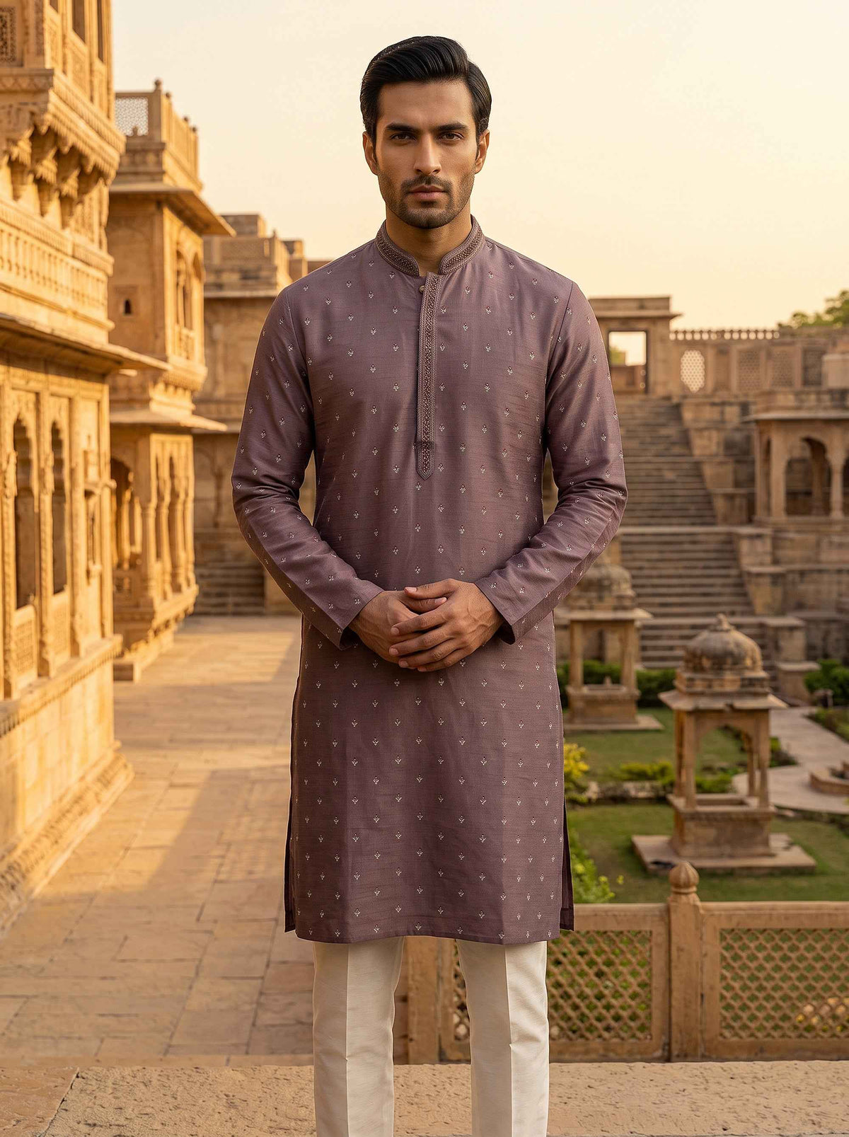 Regal Mauve Elegance | Mauve Soft Silk Kurta Set with Resham & Stone Work | Palkhi Fashion