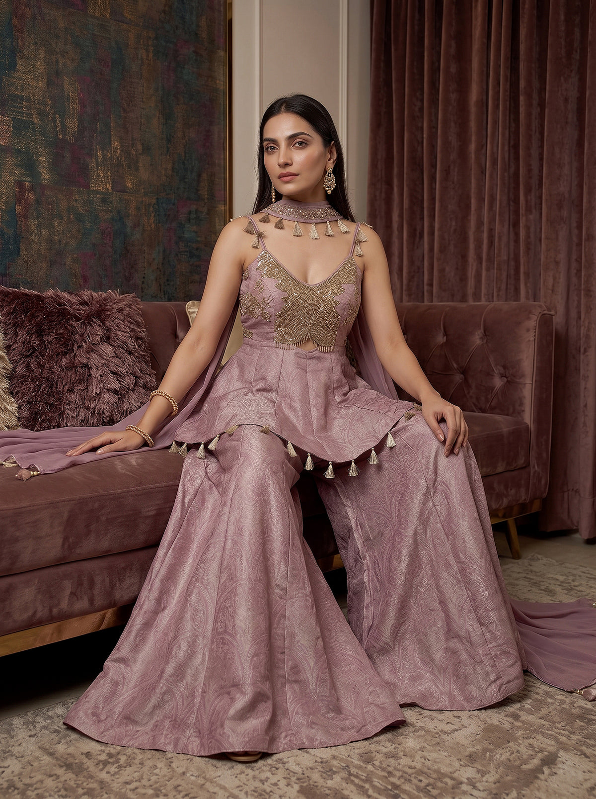 Mauve Festive Radiance | Festive Mauve Palazzo Suit with Cutdana & Choker Dupatta | Palkhi Fashion