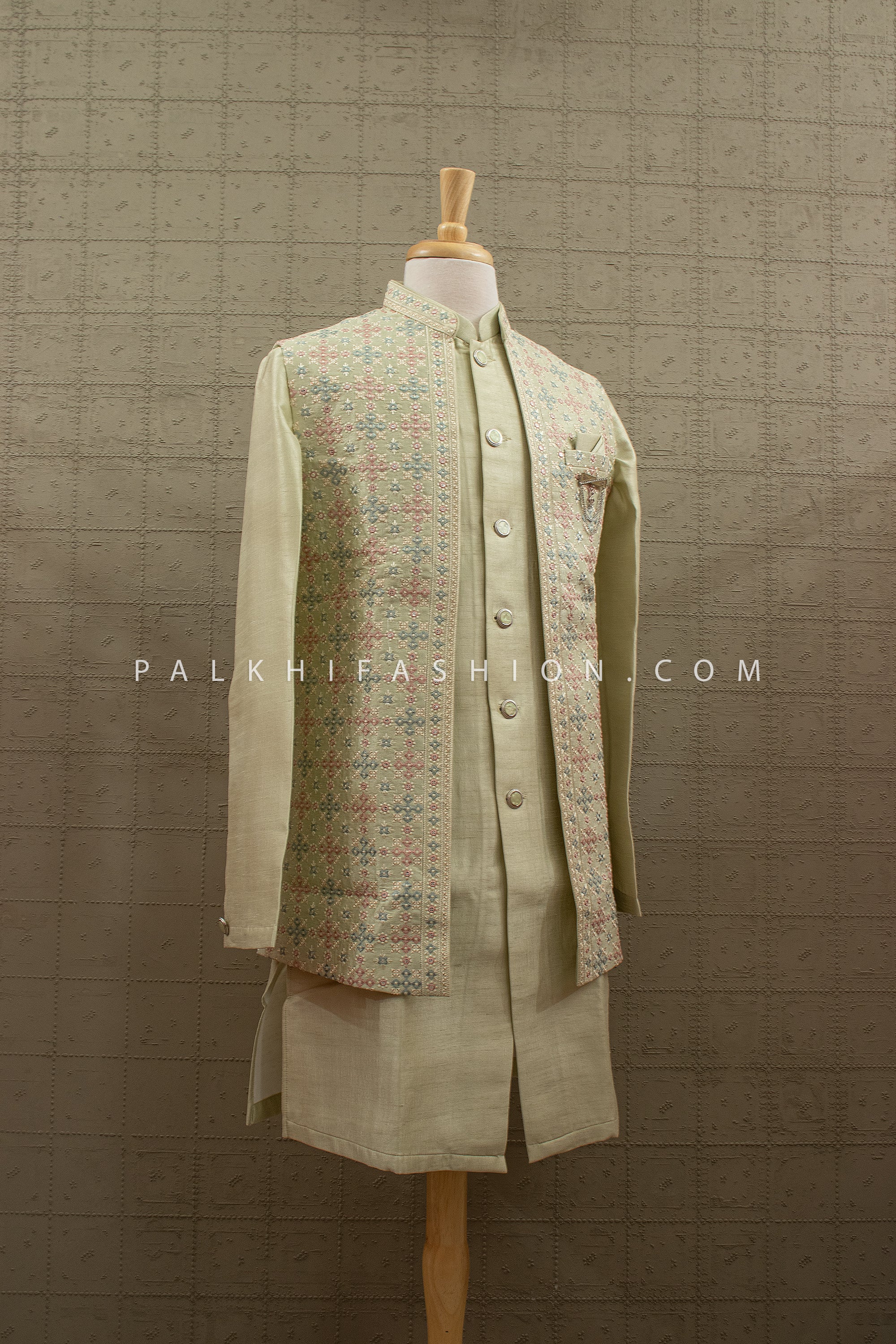 Mehendi Pastel Charm - Pistachio Kurta Set with Embroidered Jacket – Palkhi Fashion