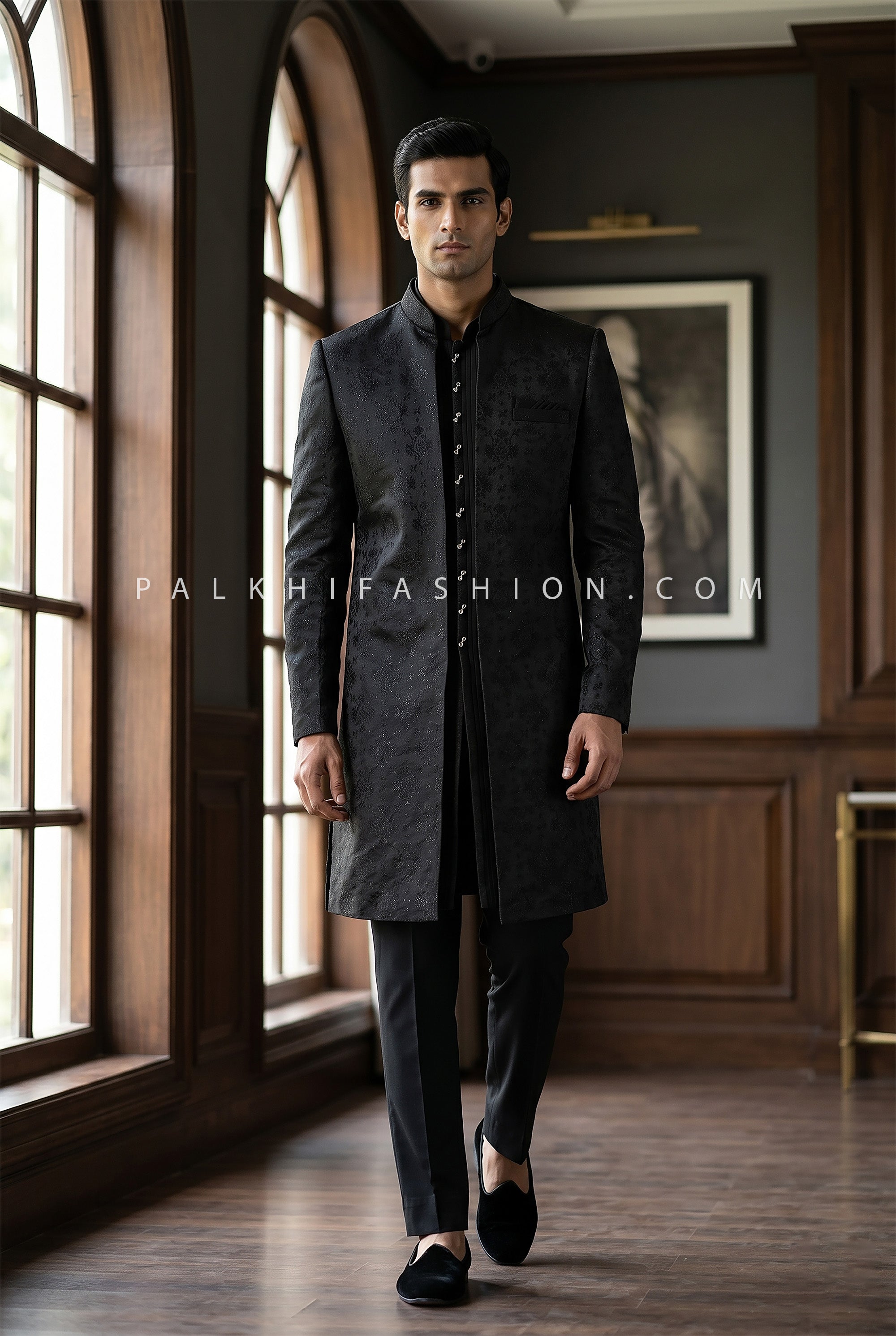 Midnight Pure Silk Open Jacket Indo-Western Set by Palkhi Fashion