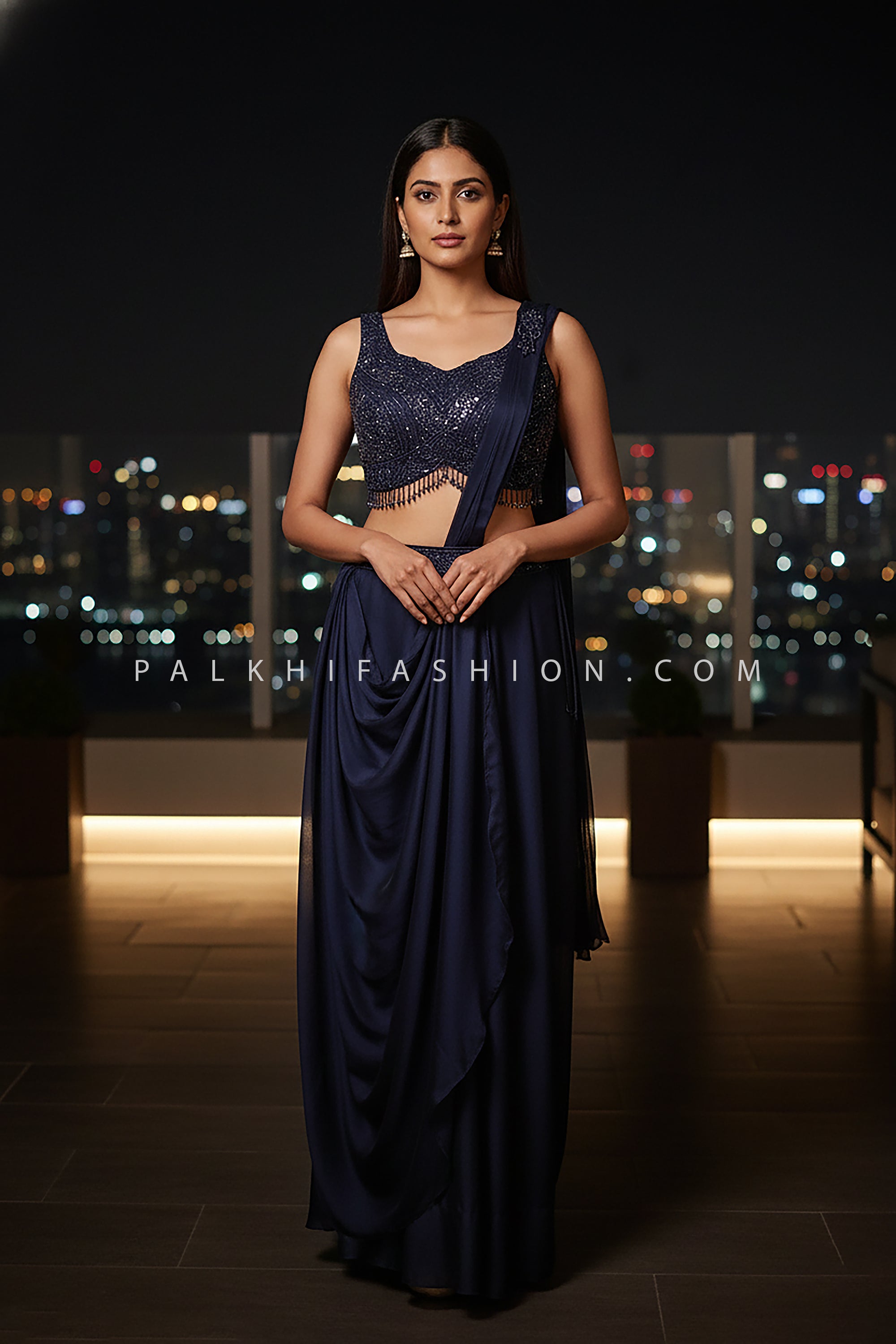 π Midnight Muse: Navy Blue Cocktail Draped Lehenga with Hand & Bead Work Blouse