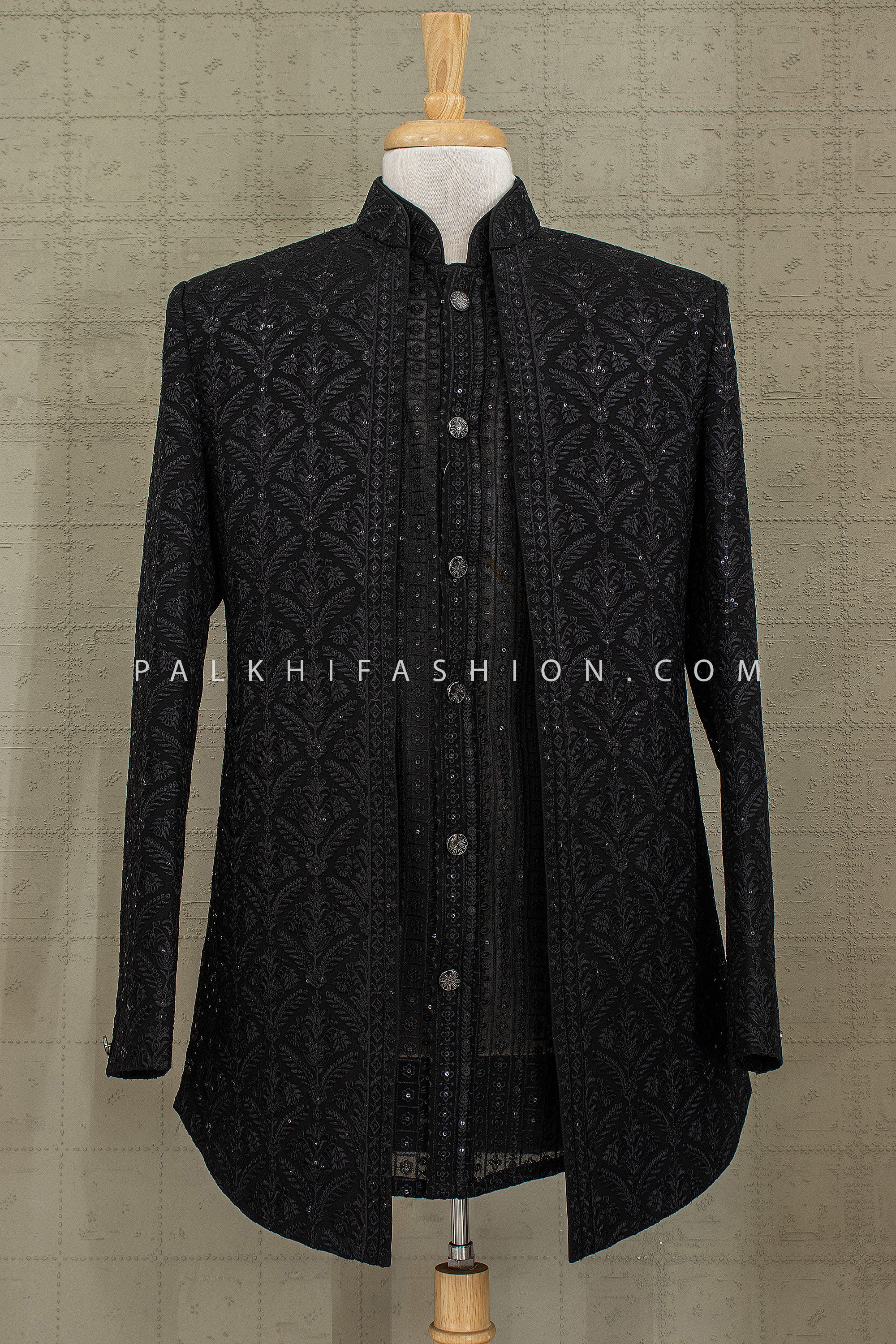 Midnight Regal Statement - Black Indo Western Sherwani Set for Men | Palkhi Fashion