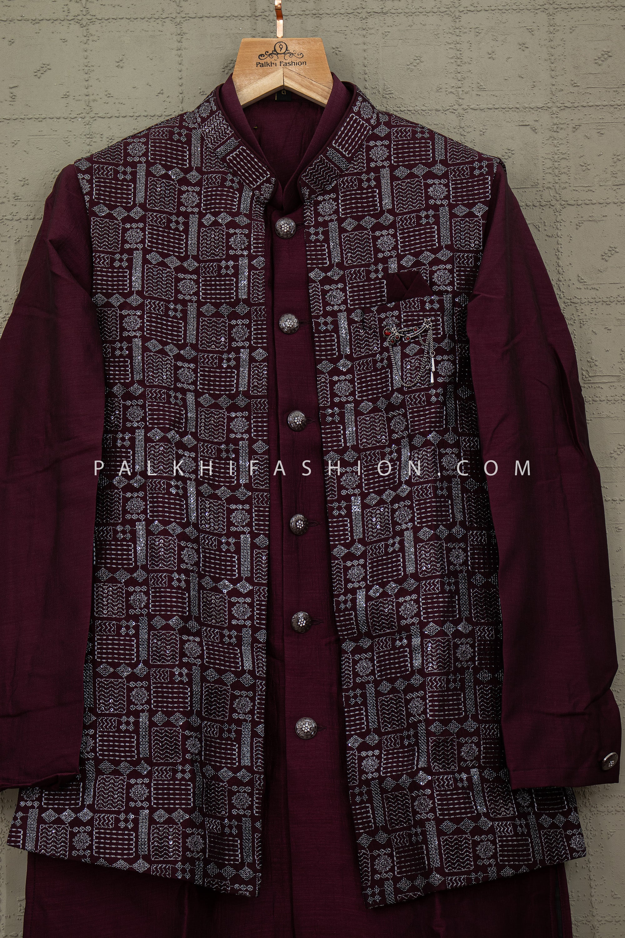 Midnight Regent Code - Dark Wine IndoWestern Jacket Kurta Set for Men | Palkhi Fashion