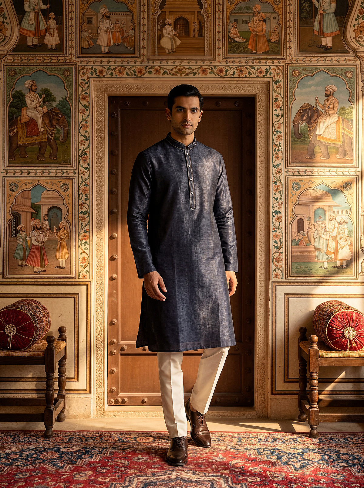 Midnight Slate | Contemporary Tissue Silk Kurta Set with Fine Stitch Placket | Palkhi Fashion