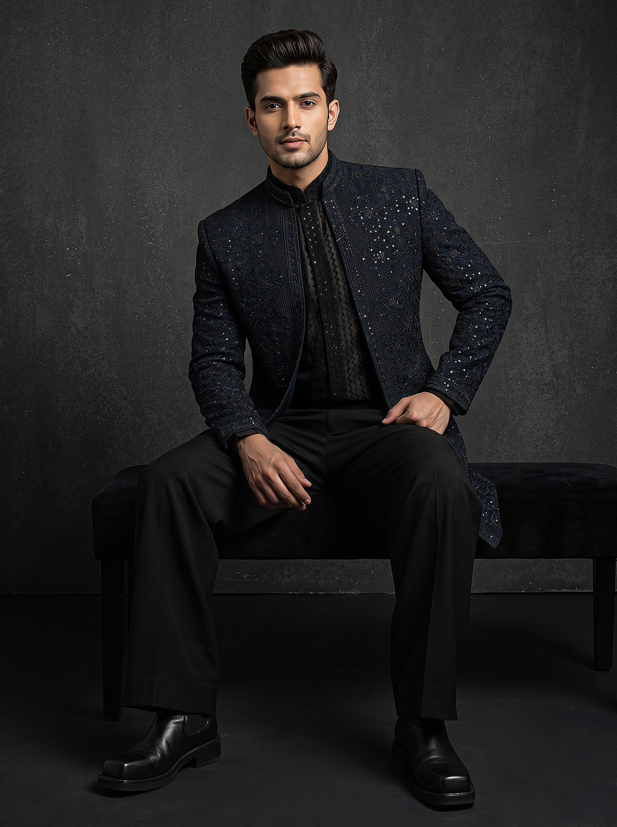 Midnight Majesty | Premium Navy Blue Threadwork Mens Festive Wear | Palkhi Fashion