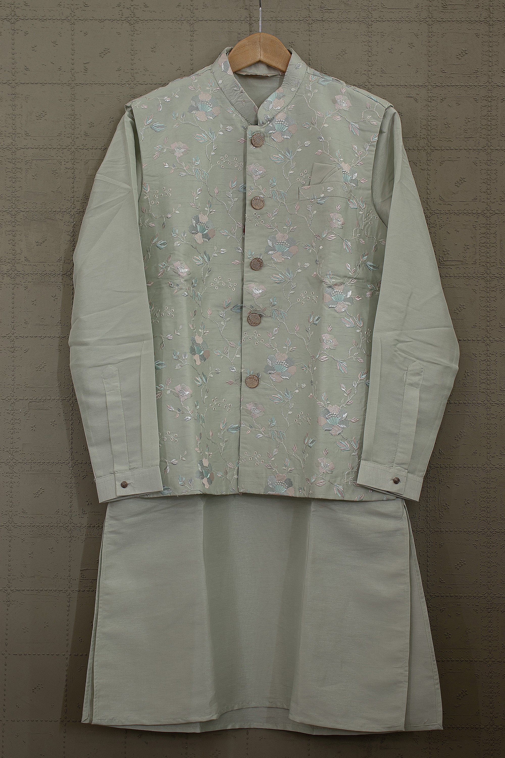 Pastel Serenity | Elegant Pastel Green Men's Jacket Kurta Set with Floral Embroidery | Palkhi Fashion
