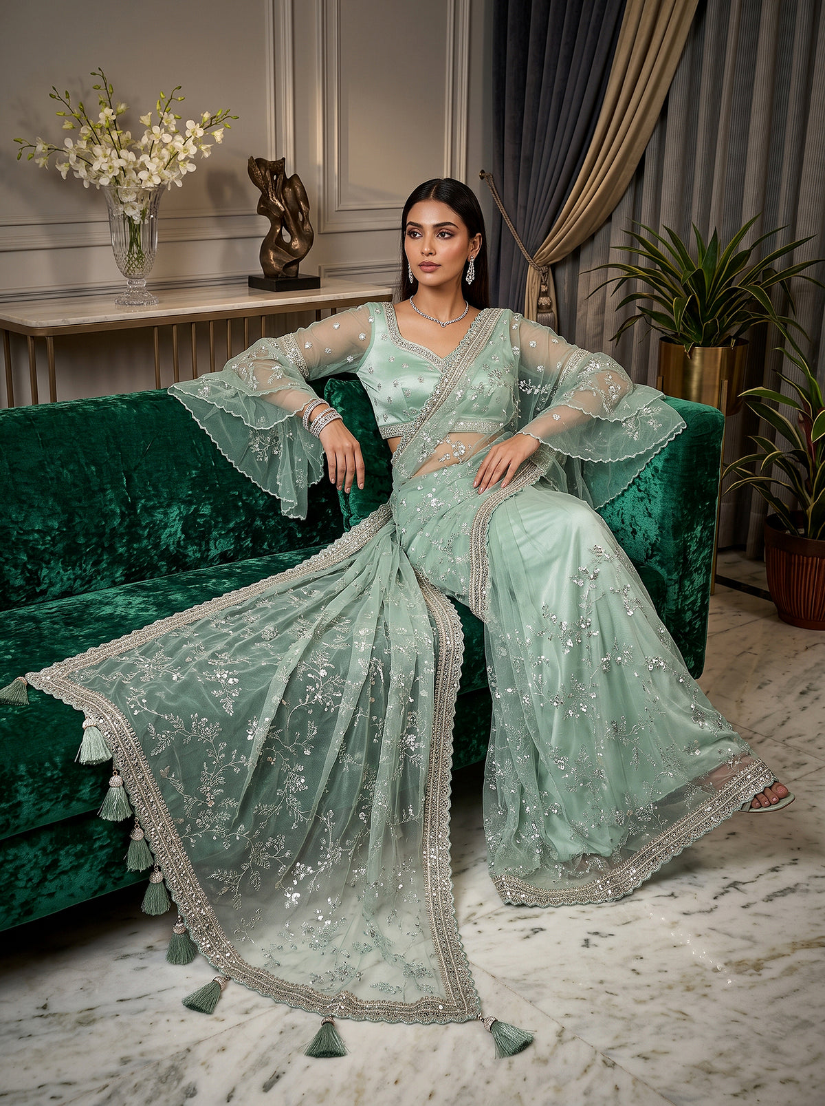 Ethereal Radiance | Designer Mint Green Party Wear Saree with Bell Sleeves | Palkhi Fashion