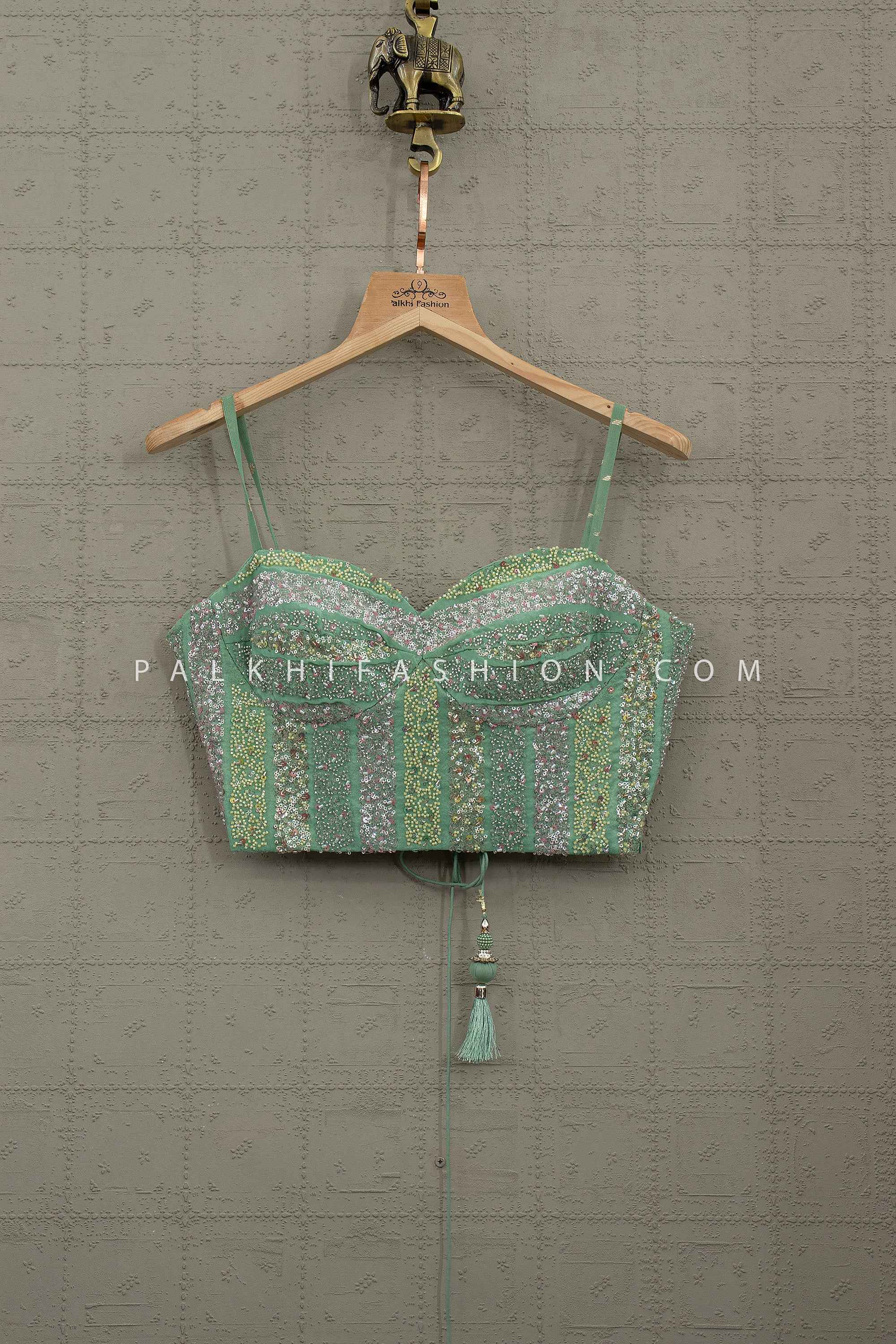 Celestial Mint Glow – Mint Green Soft Silk Lehenga with Corset Designer Blouse | Palkhi Fashion