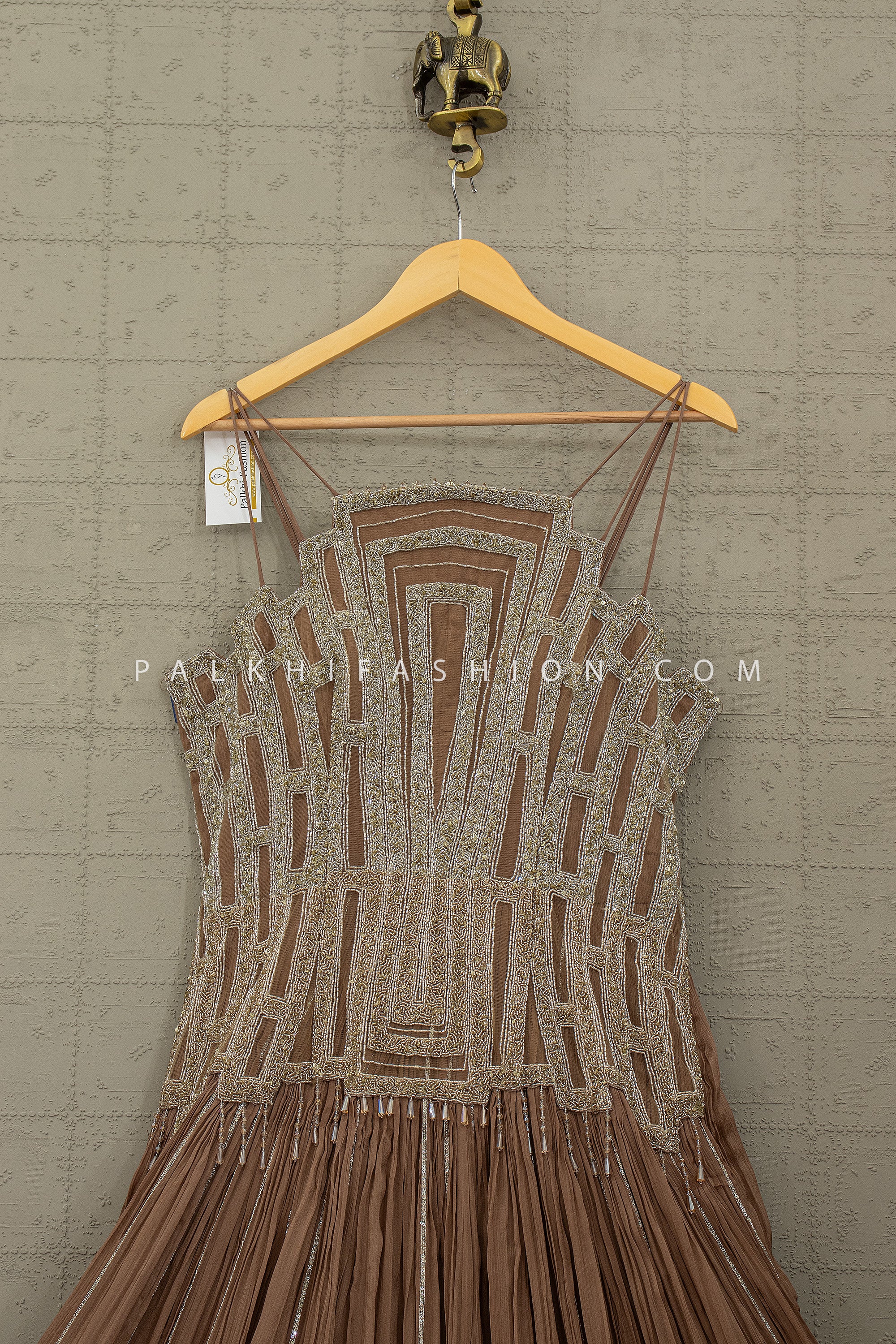 Mocha Luxe Statement – Stunning Stone Embroidered Designer Gown – Palkhi Fashion - Palkhi Fashion