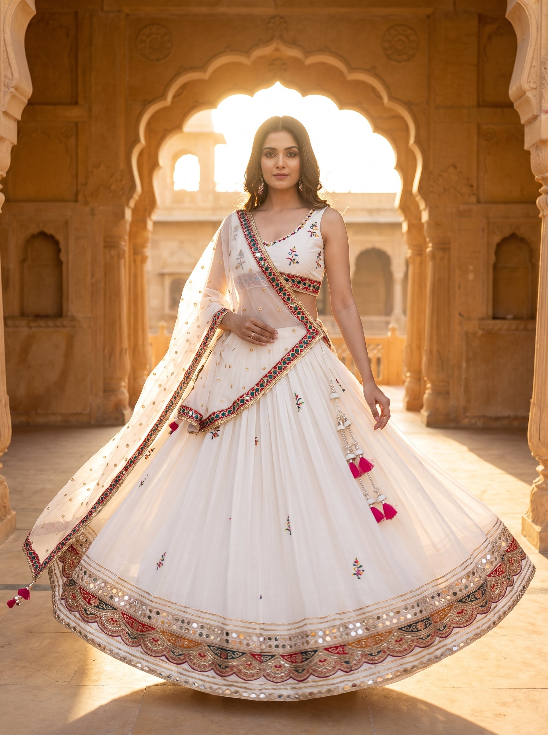 Pristine White Navratri Chaniya Choli Mirror Work | Palkhi Fashion