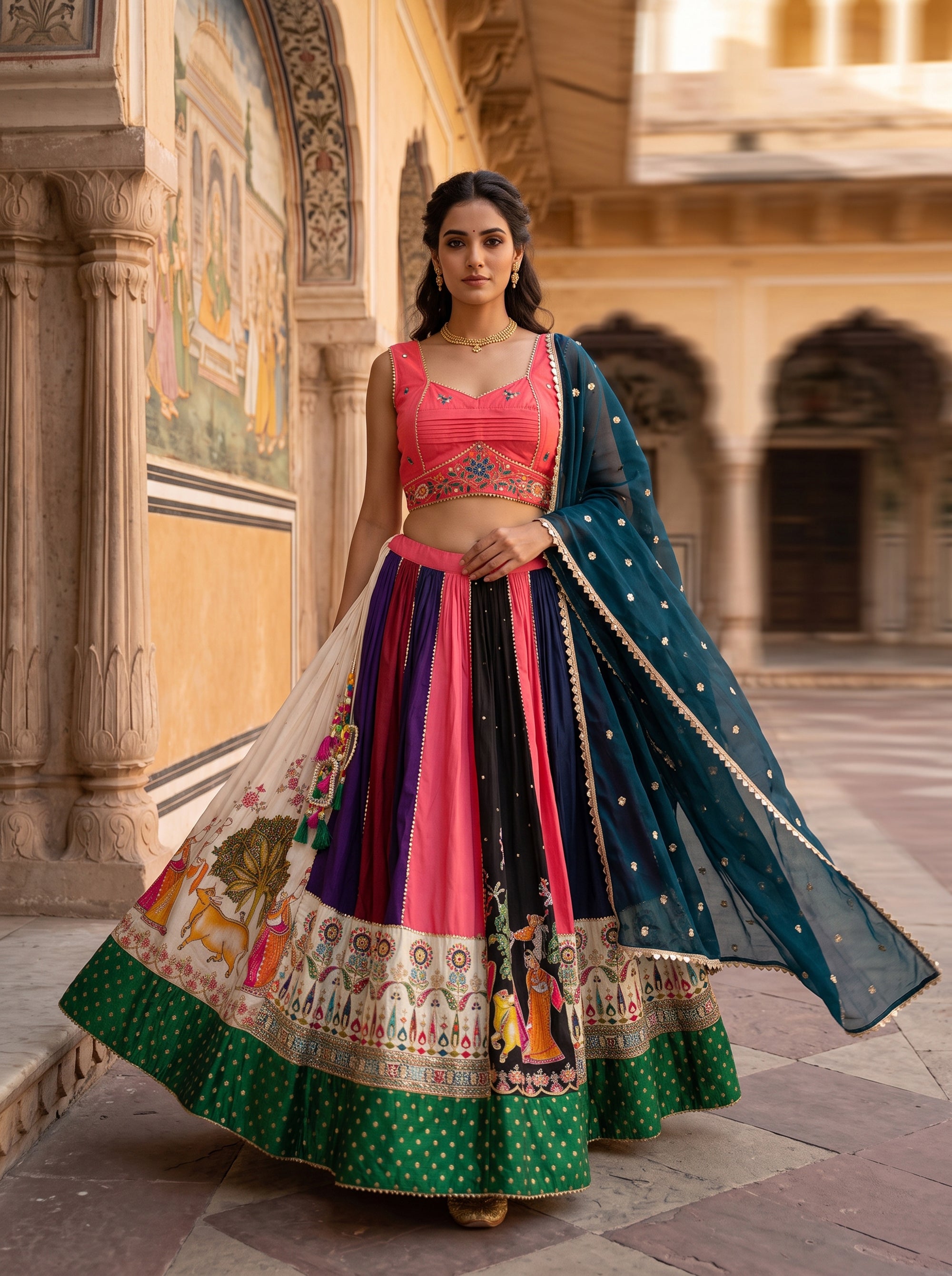 Multicolor Pichwai Silk Navratri Chaniya Choli | Palkhi Fashion