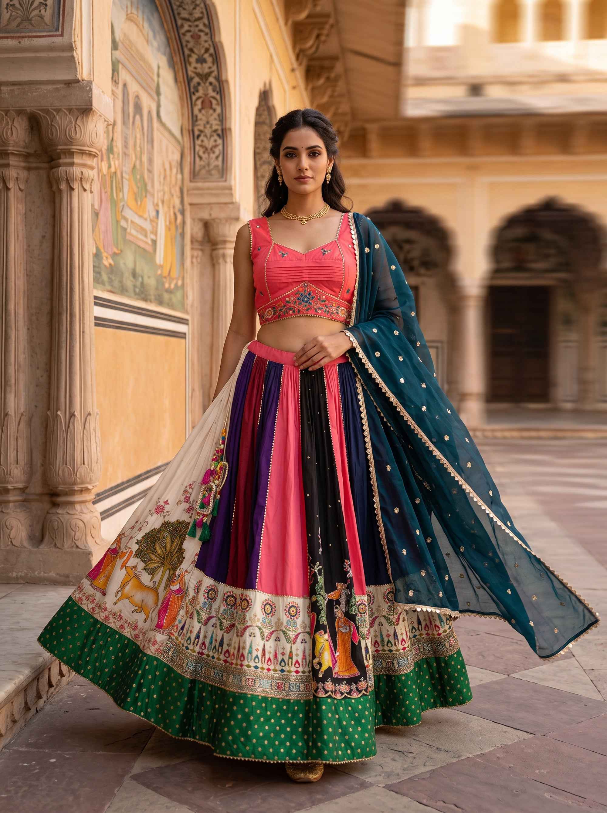 Multicolor Pichwai Silk Navratri Chaniya Choli | Palkhi Fashion