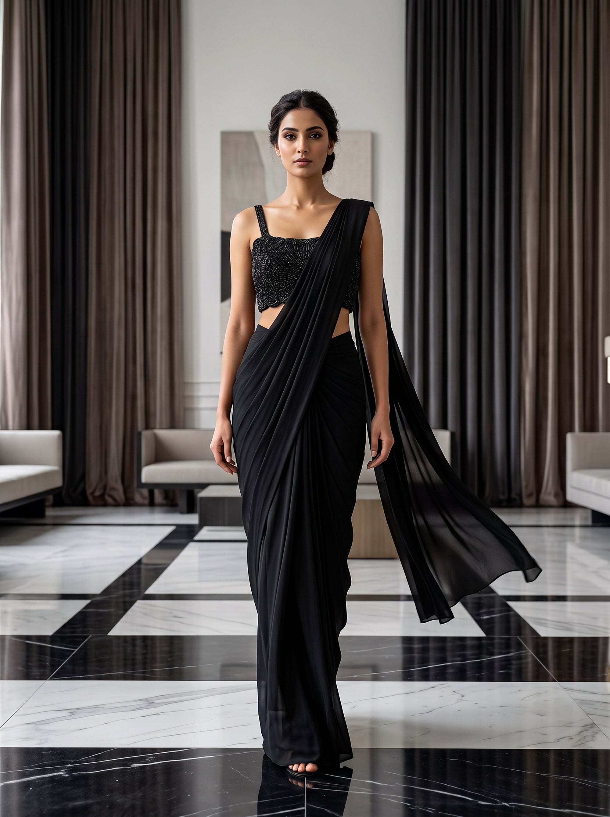 Midnight Glamour | Black Beaded Pre Draped Saree | Palkhi Fashion