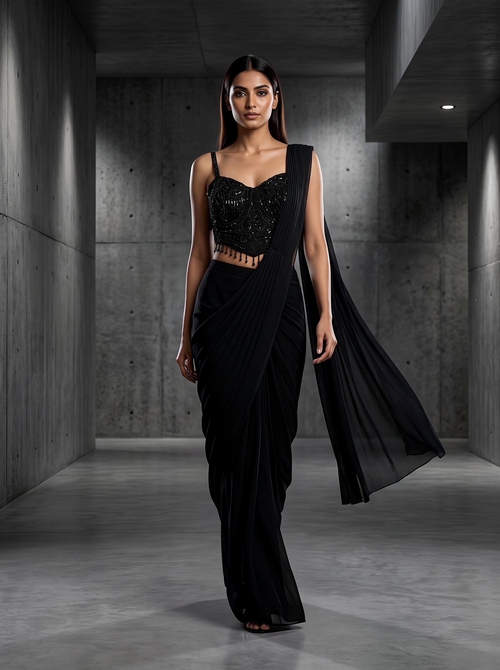 Midnight Noir | Black Georgette Saree Beaded Blouse | Palkhi Fashion