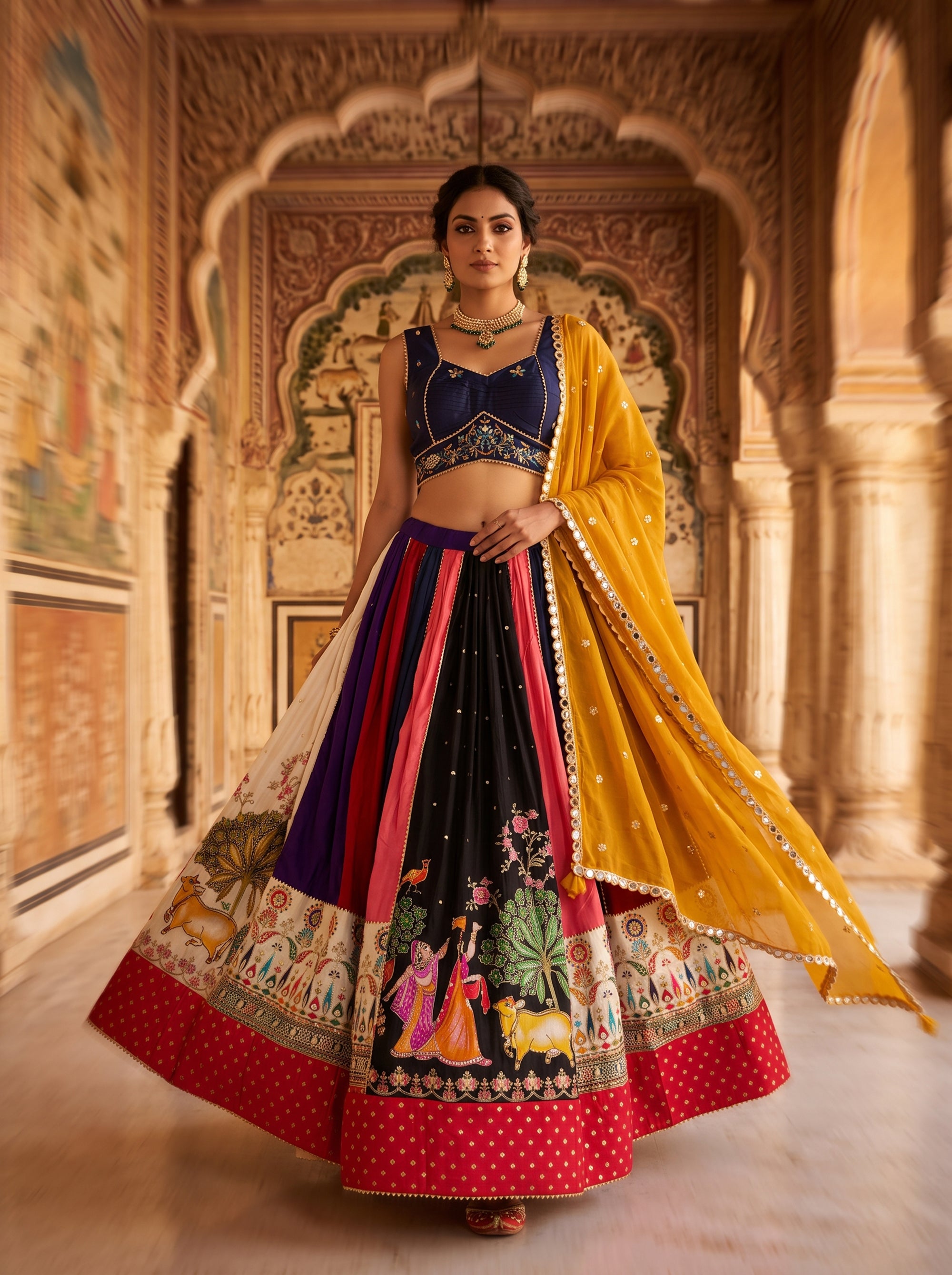 Multicolor Paneled Silk Navratri Chaniya Choli | Palkhi Fashion