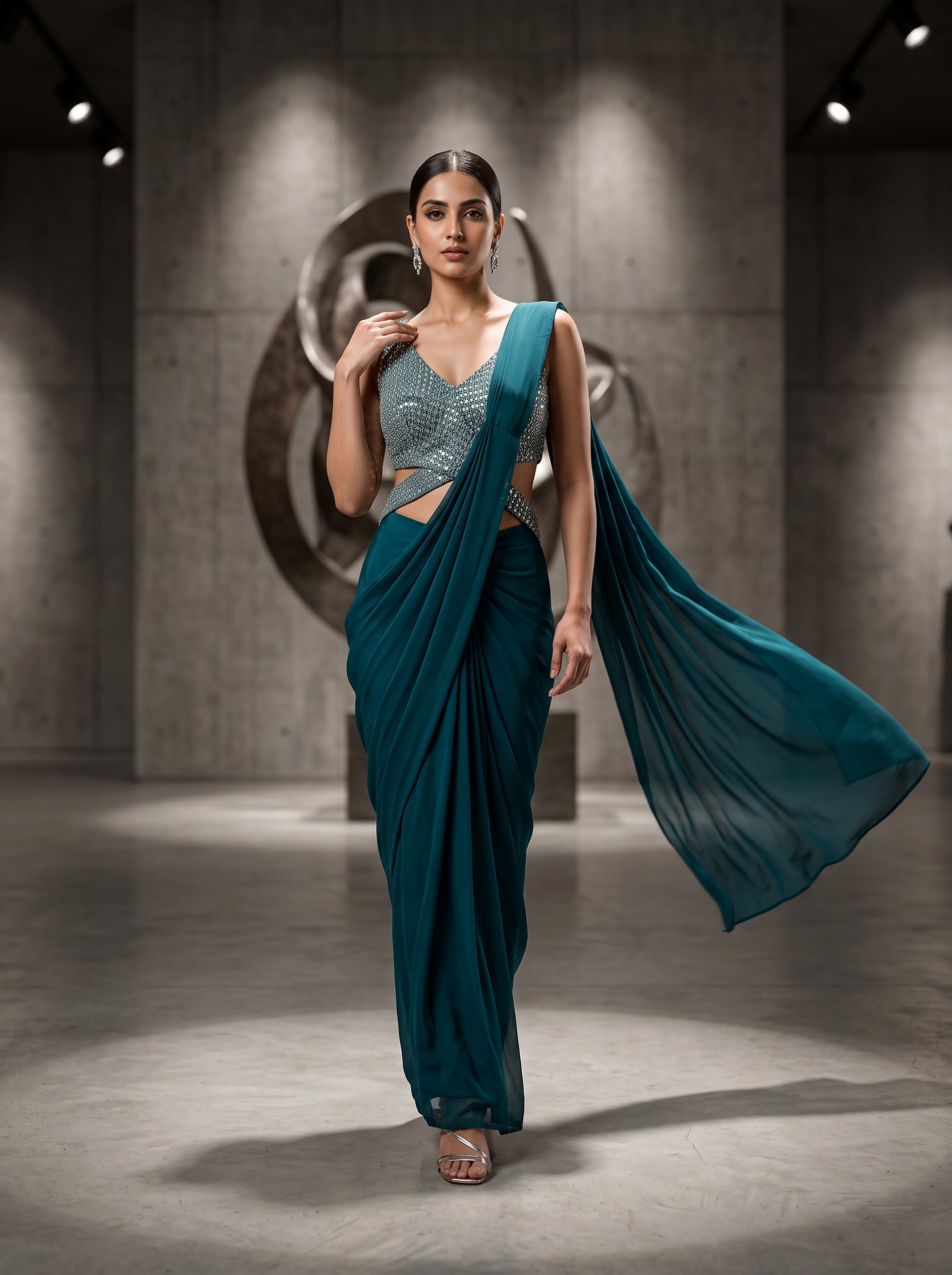 Midnight Jewel | Teal Embellished Saree Blouse | Palkhi Fashion