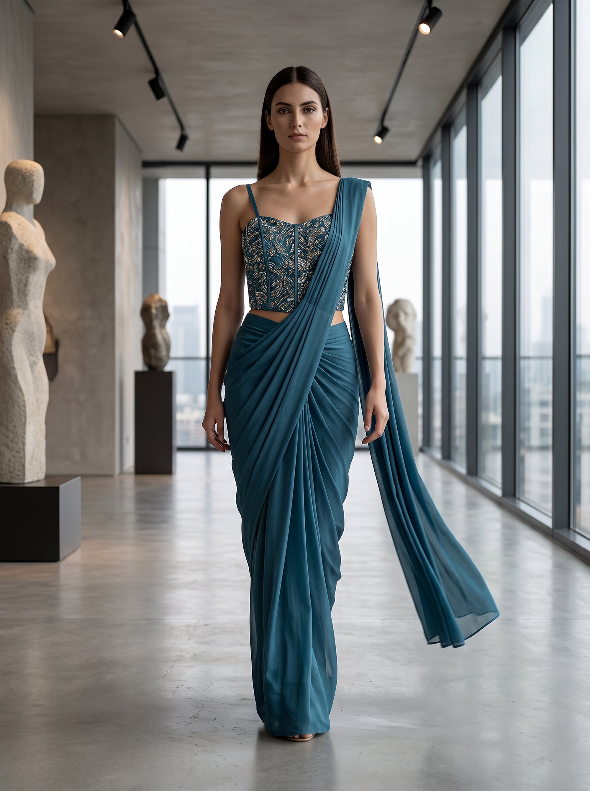 Teal Georgette Pre Draped Saree Corset Blouse | Palkhi Fashion
