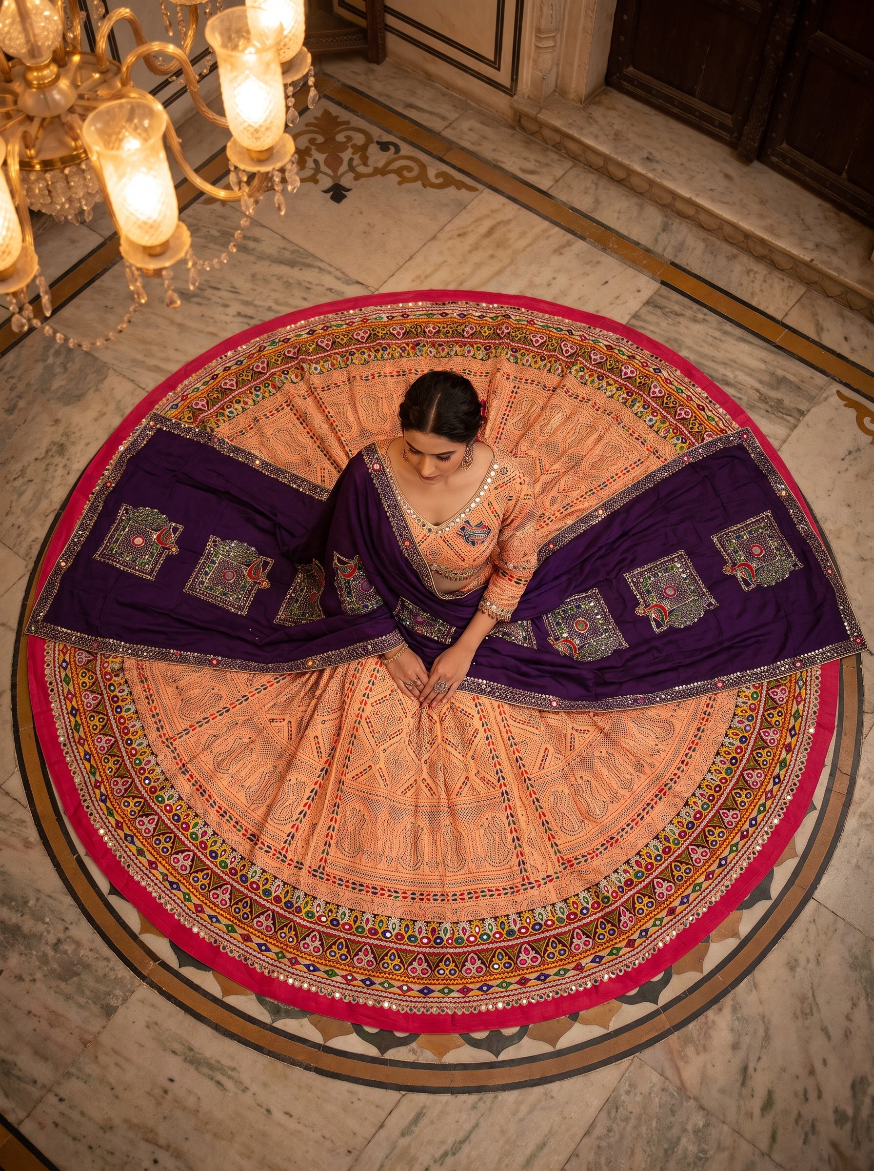 Peach Bandhani Cotton Chaniya Choli Mirror Work | Palkhi Fashion