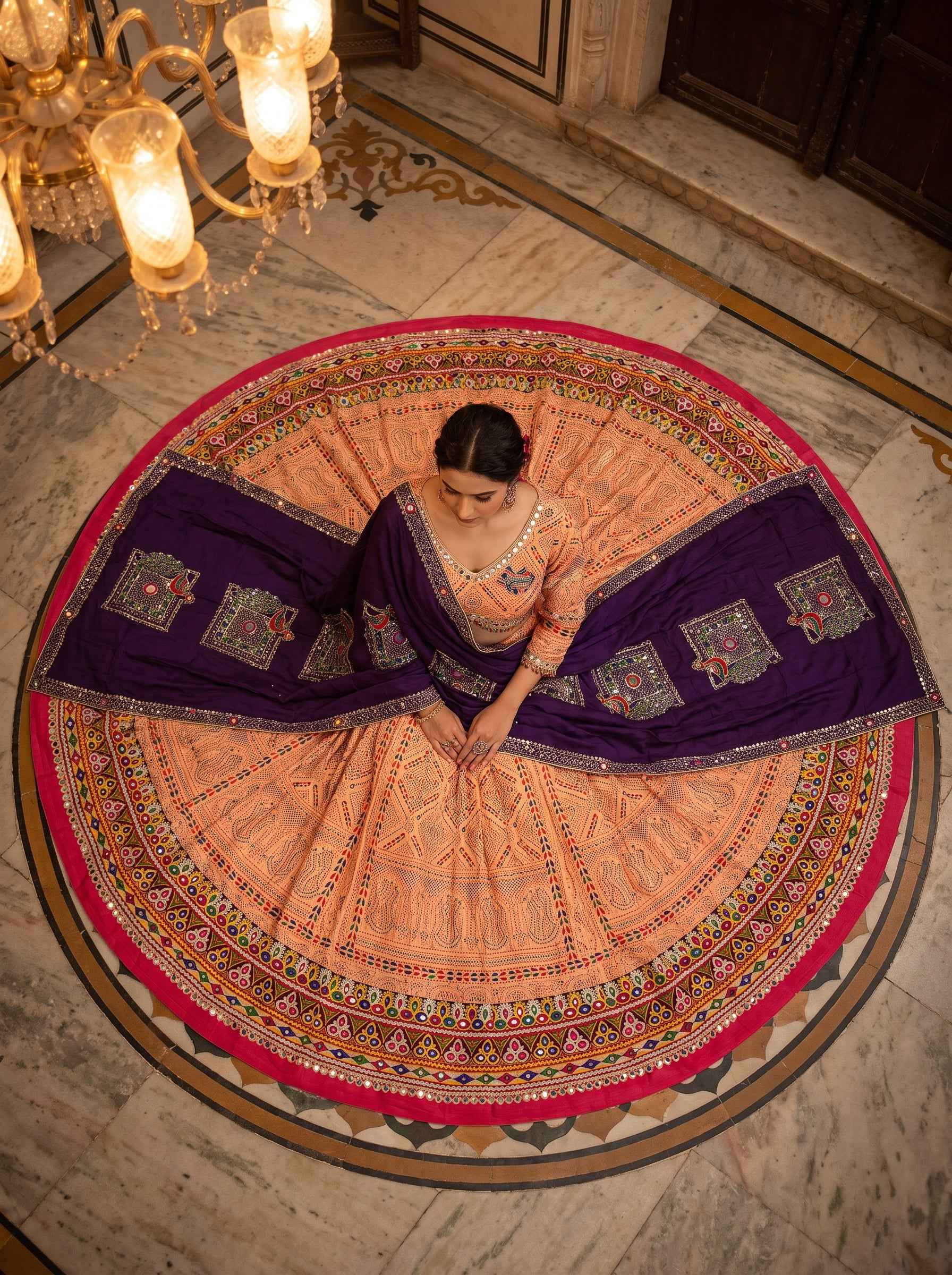 Peach Bandhani Cotton Chaniya Choli Mirror Work | Palkhi Fashion