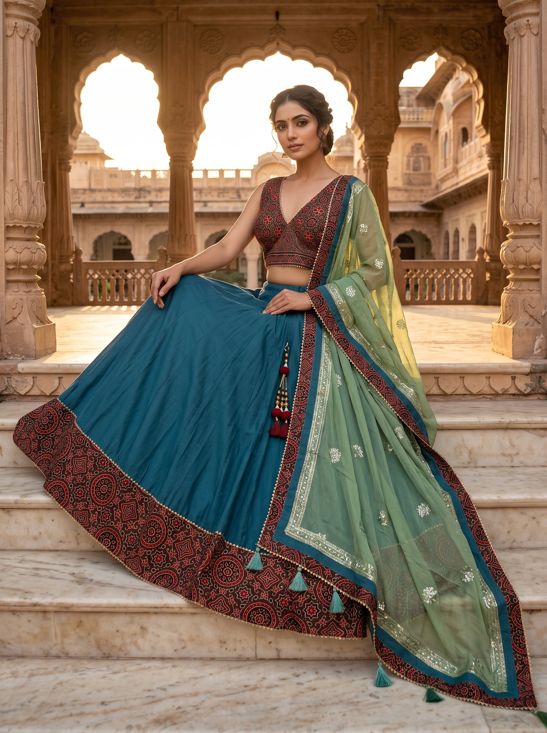 Deep Teal Silk Navratri Chaniya Choli Printed Border | Palkhi Fashion