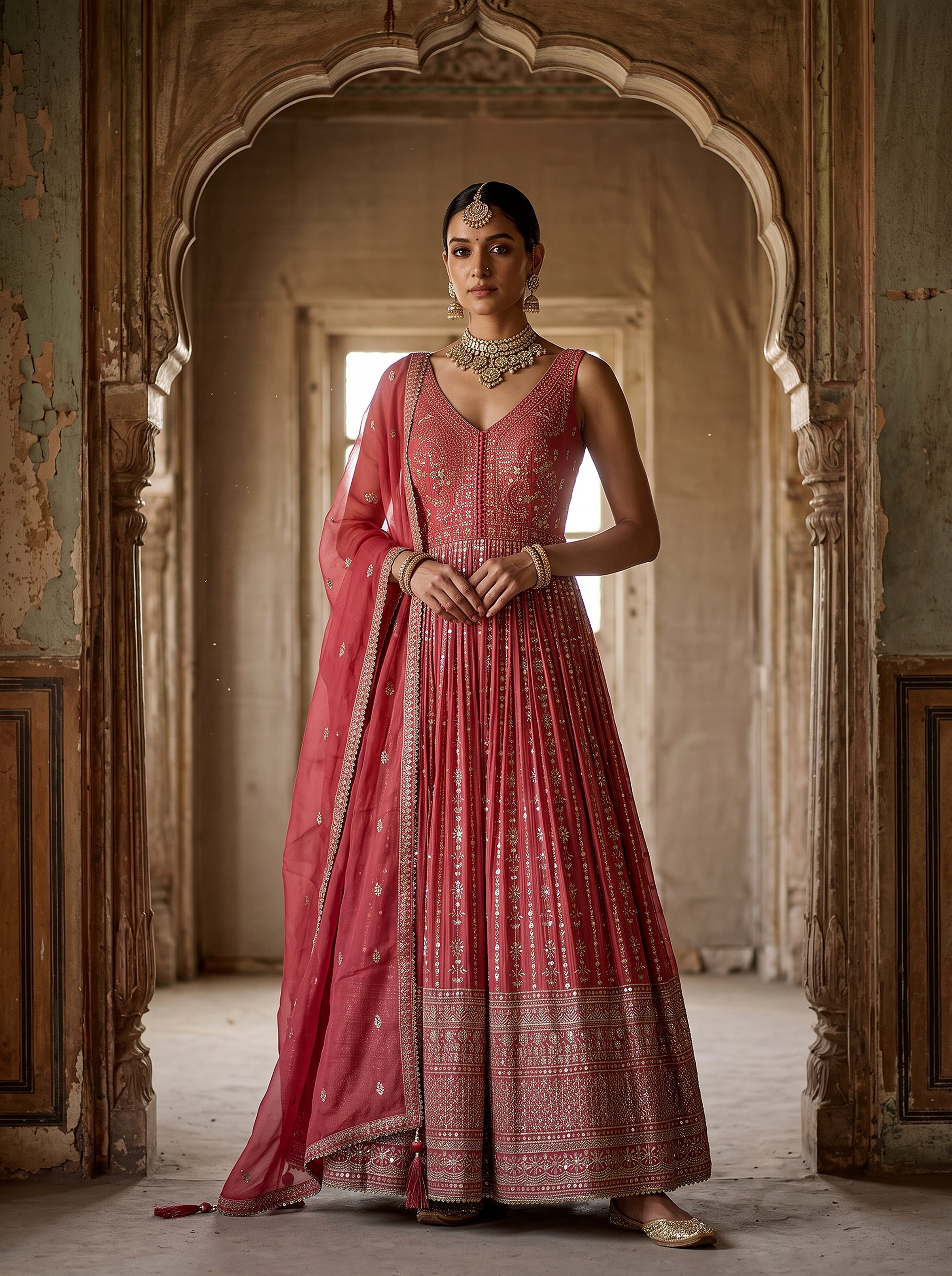 Festive Glow | Mirror Work Coral Color Chinon Silk Anarkali Suit | Palkhi Fashion