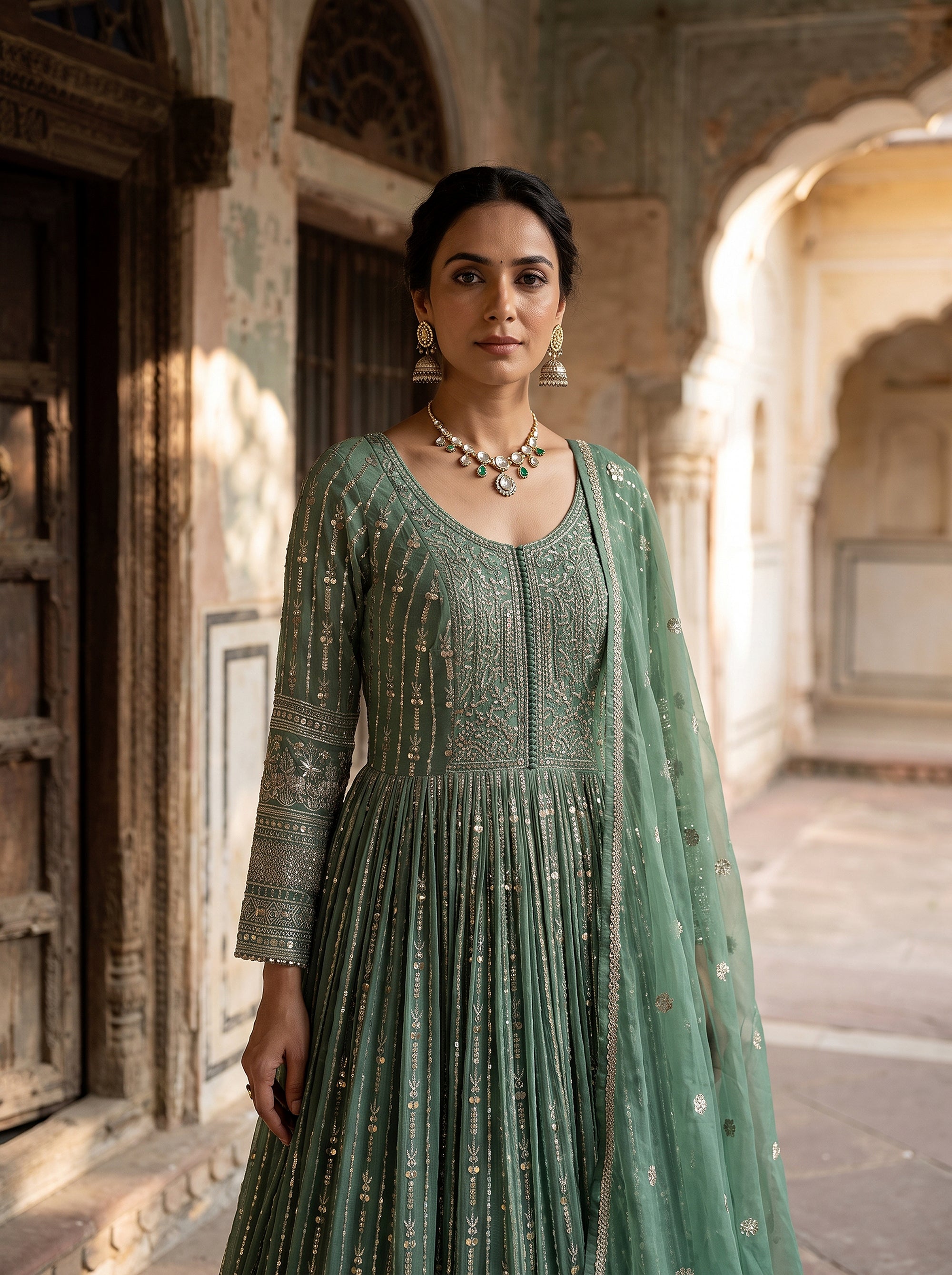 Elegant Sage Green Georgette Anarkali Zari Work | Palkhi Fashion