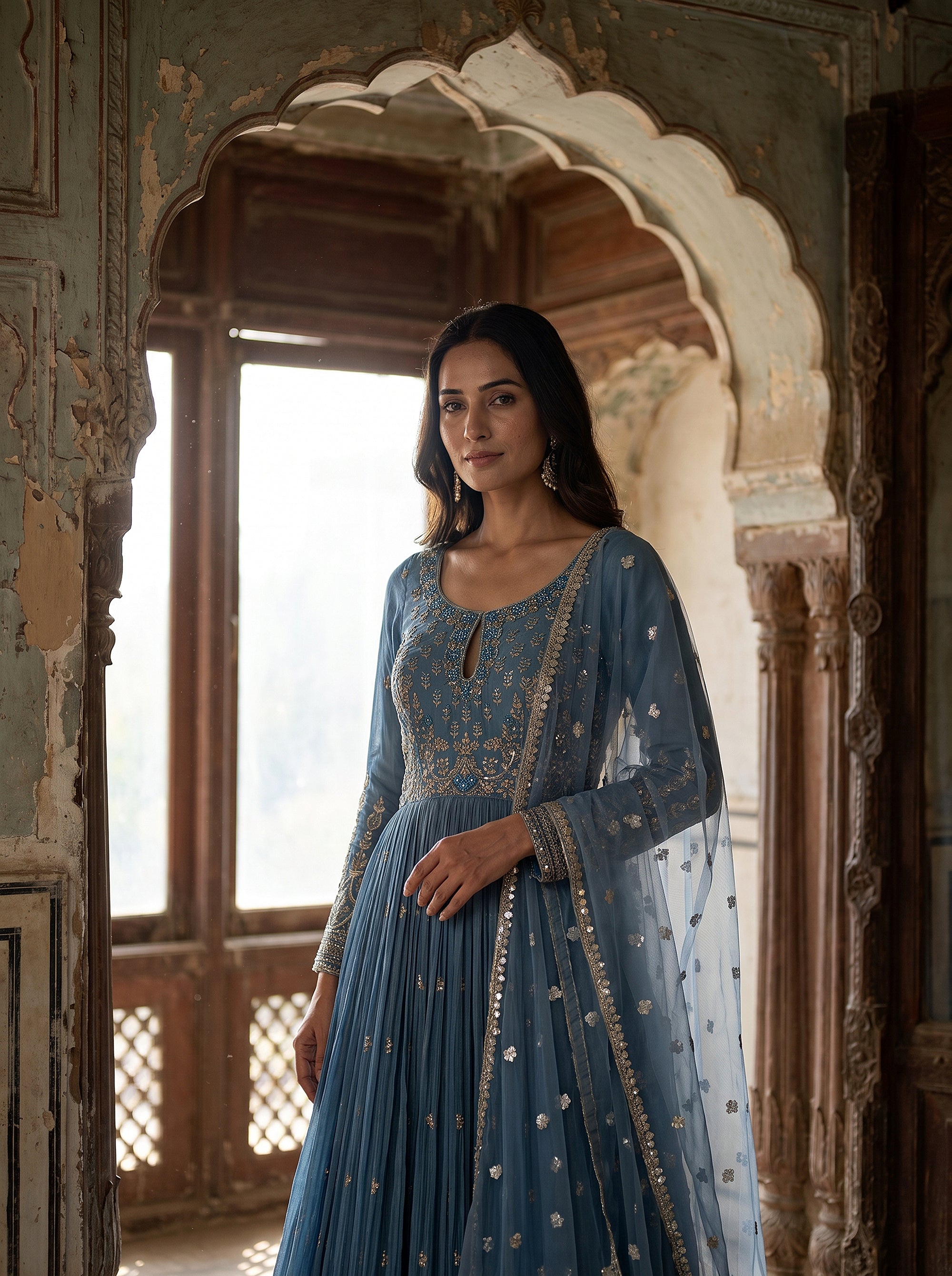 Serene Aura | Pastel Blue Silk Anarkali Mirror Work | Palkhi Fashion