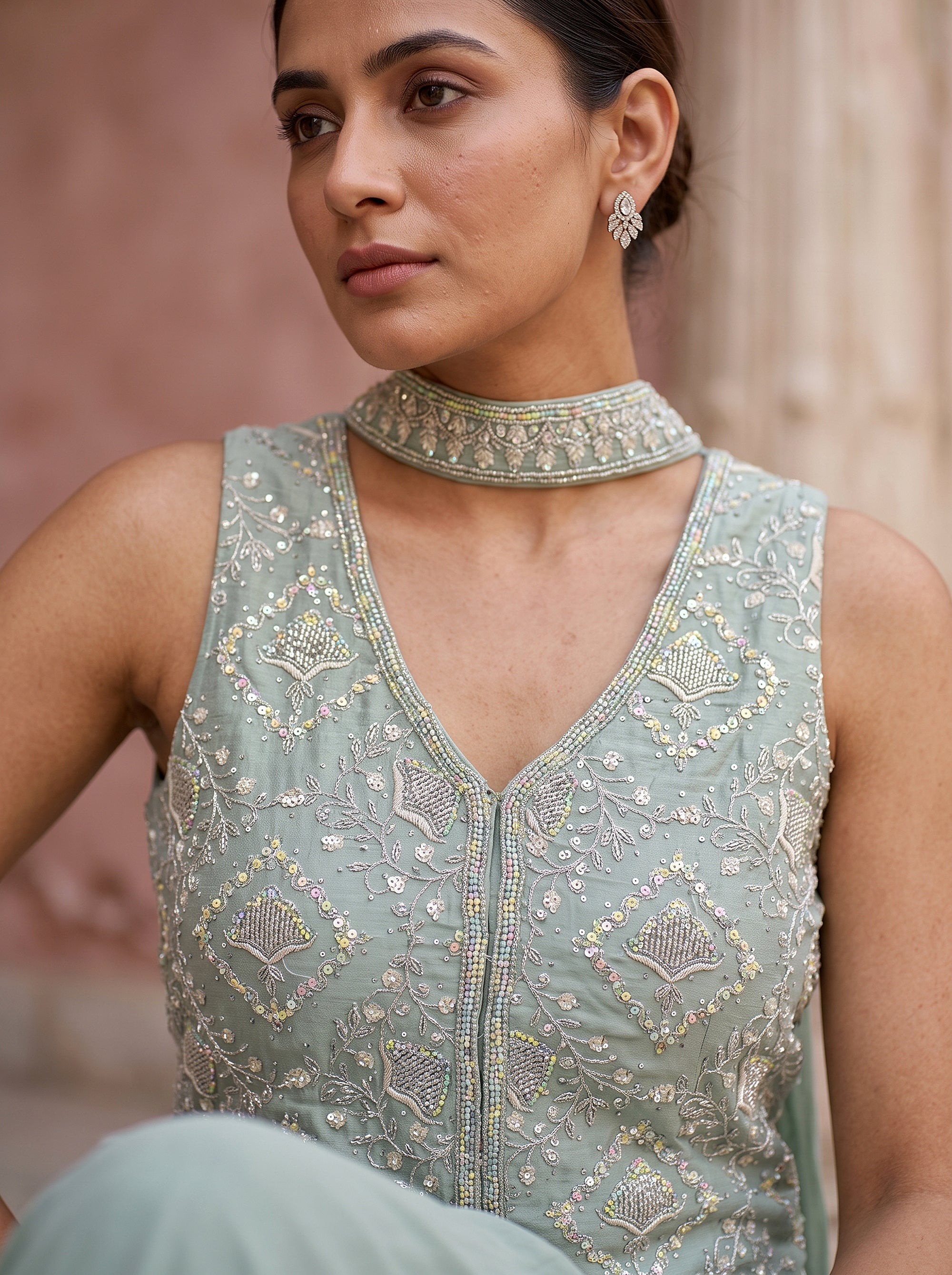 Pastel Sage | Mint Green Embroidered Palazzo Suit | Palkhi Fashion
