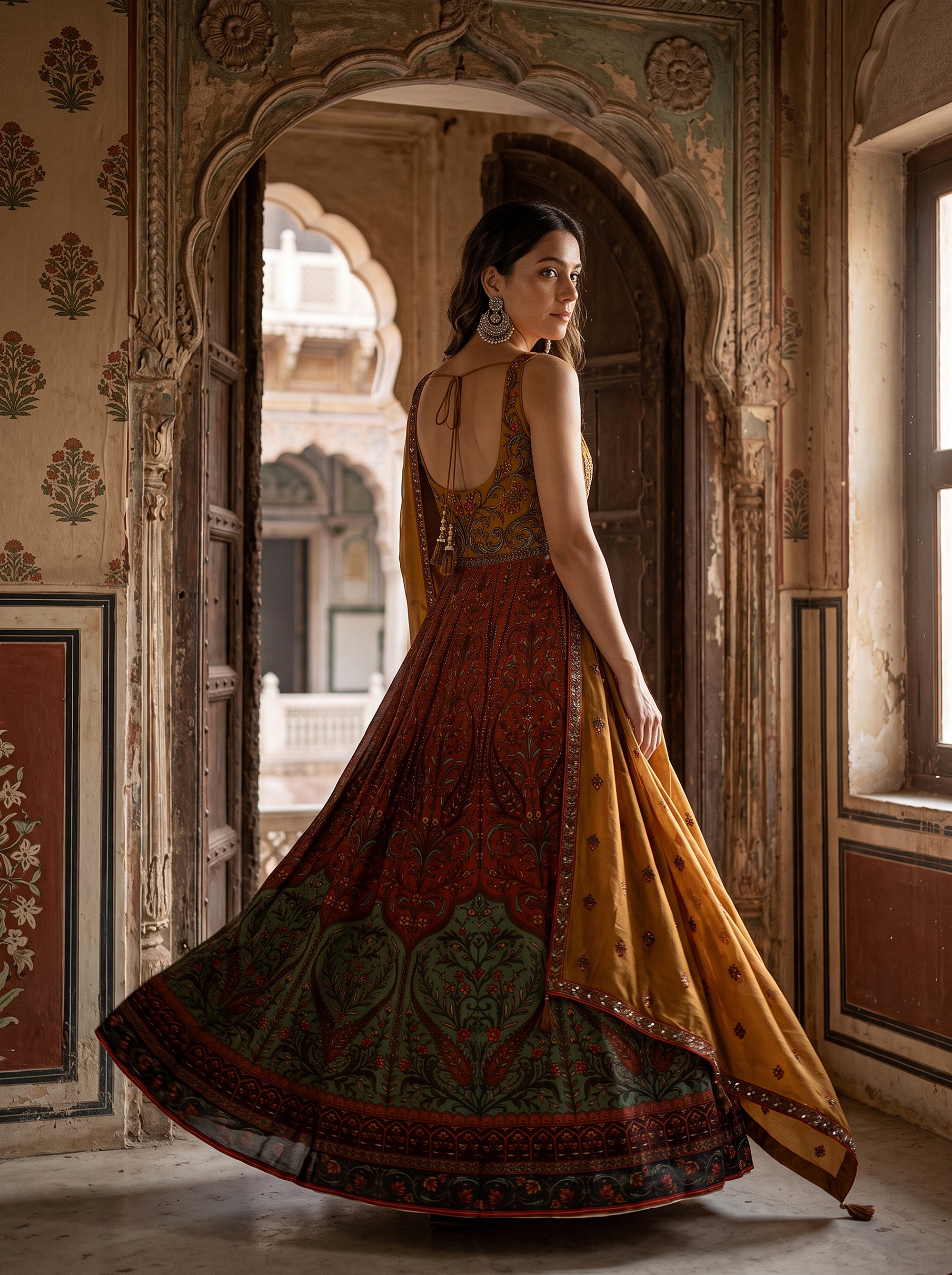 Heritage Glow Mustard Silk Anarkali Gown Handwork | Palkhi Fashion