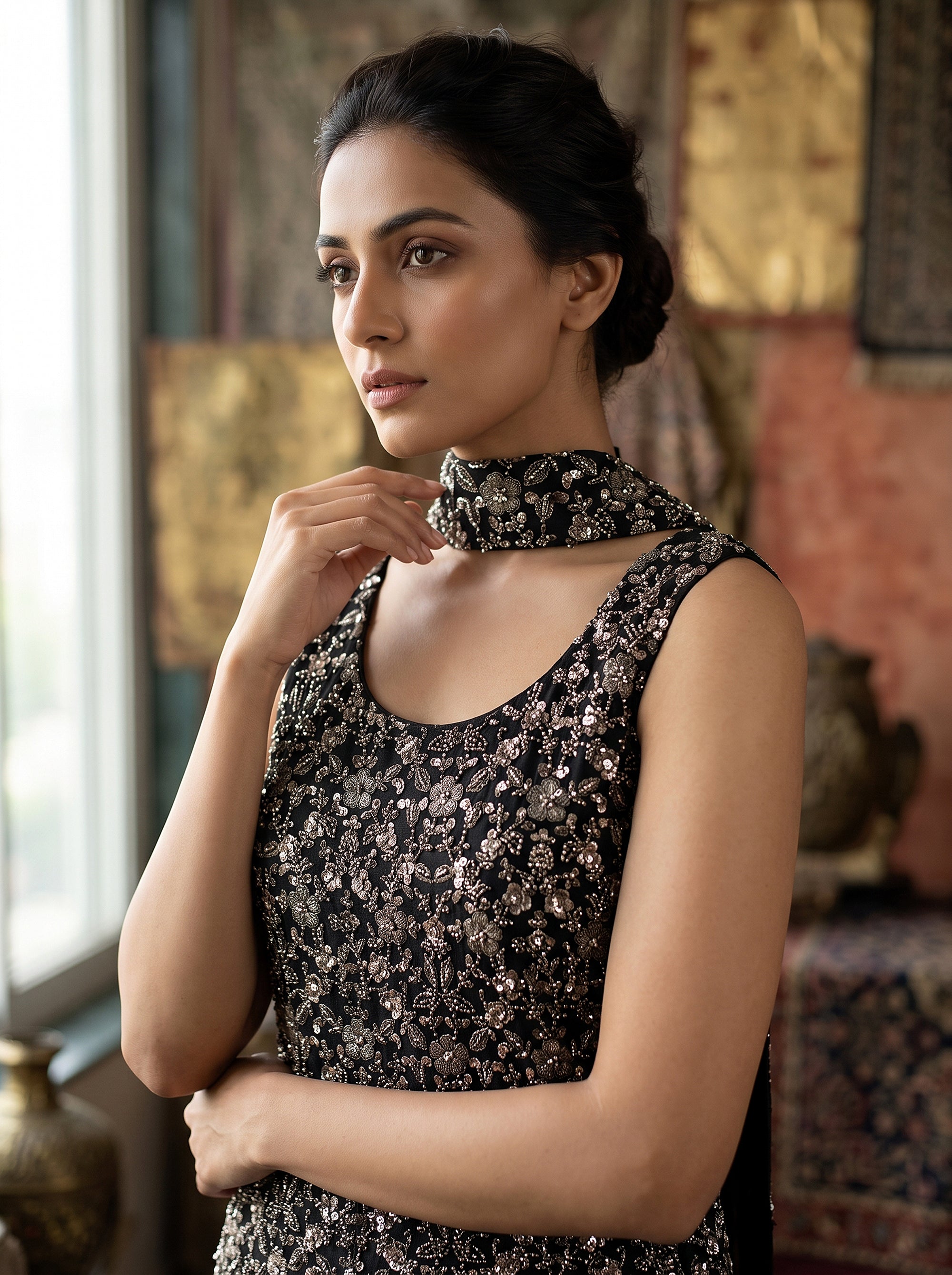 Midnight Allure | Black Embroidered Flared Palazzo Suit | Palkhi Fashion