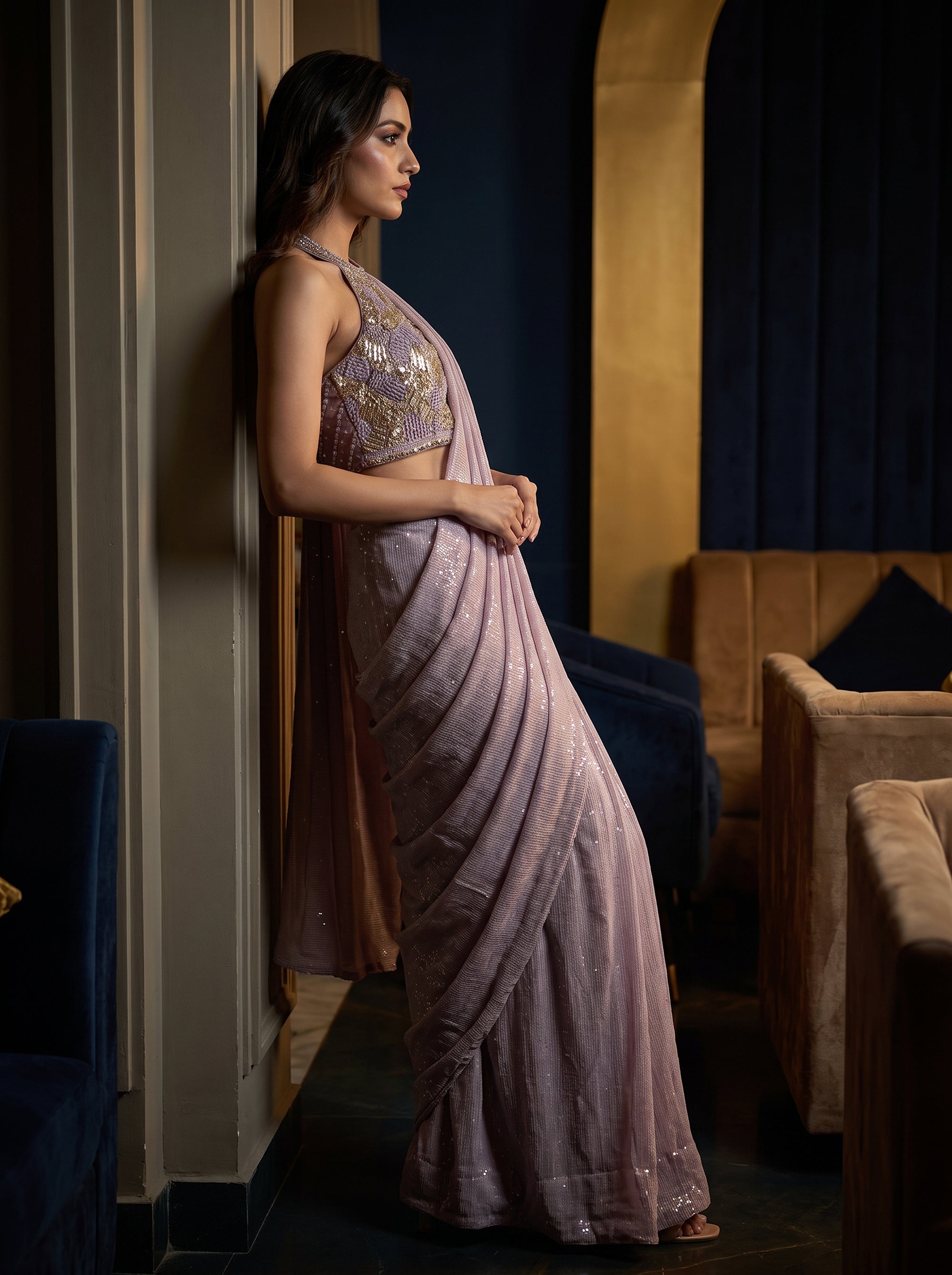 Lilac Sequined Georgette Saree with Halter Blouse | Palkhi Fashion