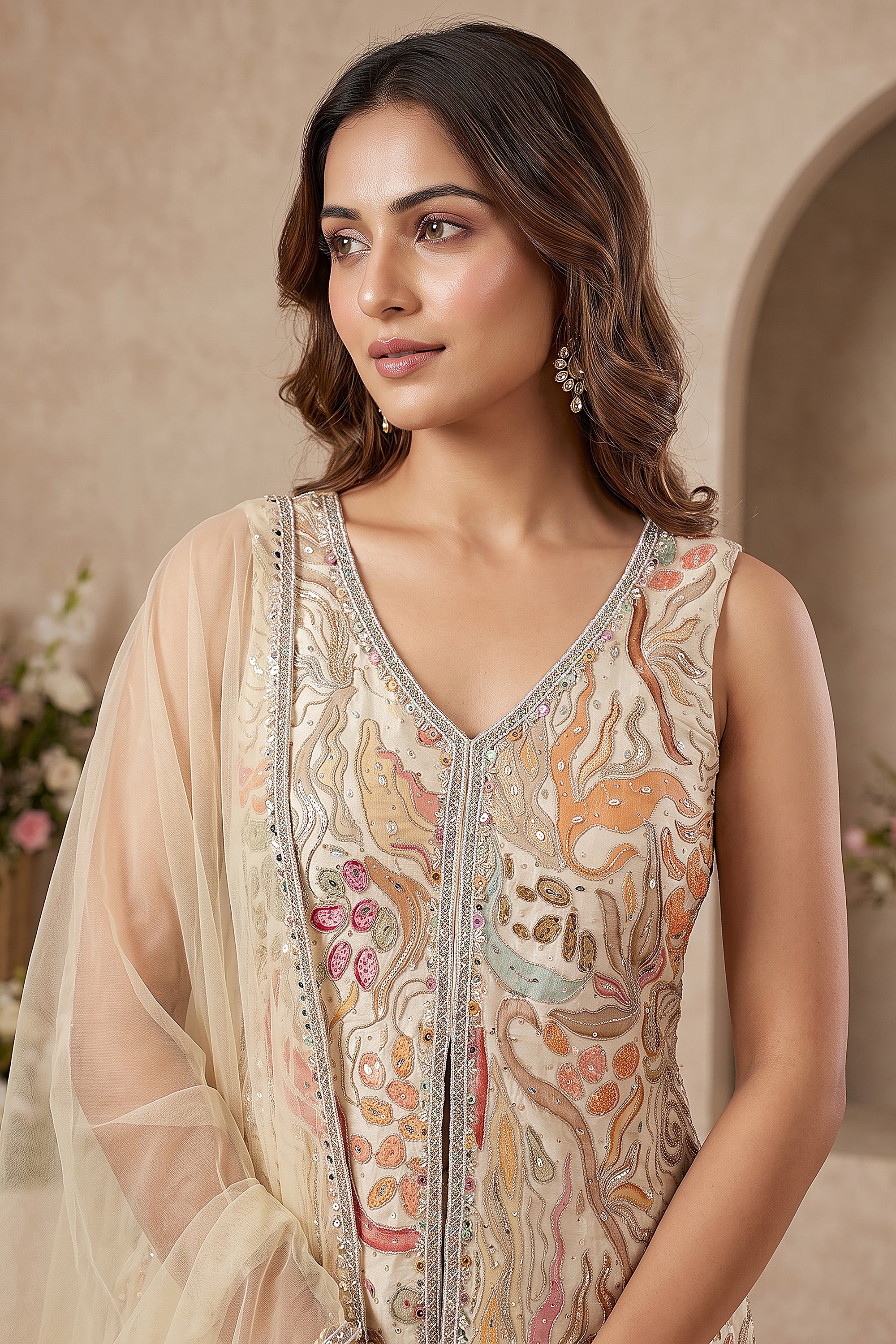 Designer Cream Georgette Pant Suit Ensemble | Palkhi Fashion