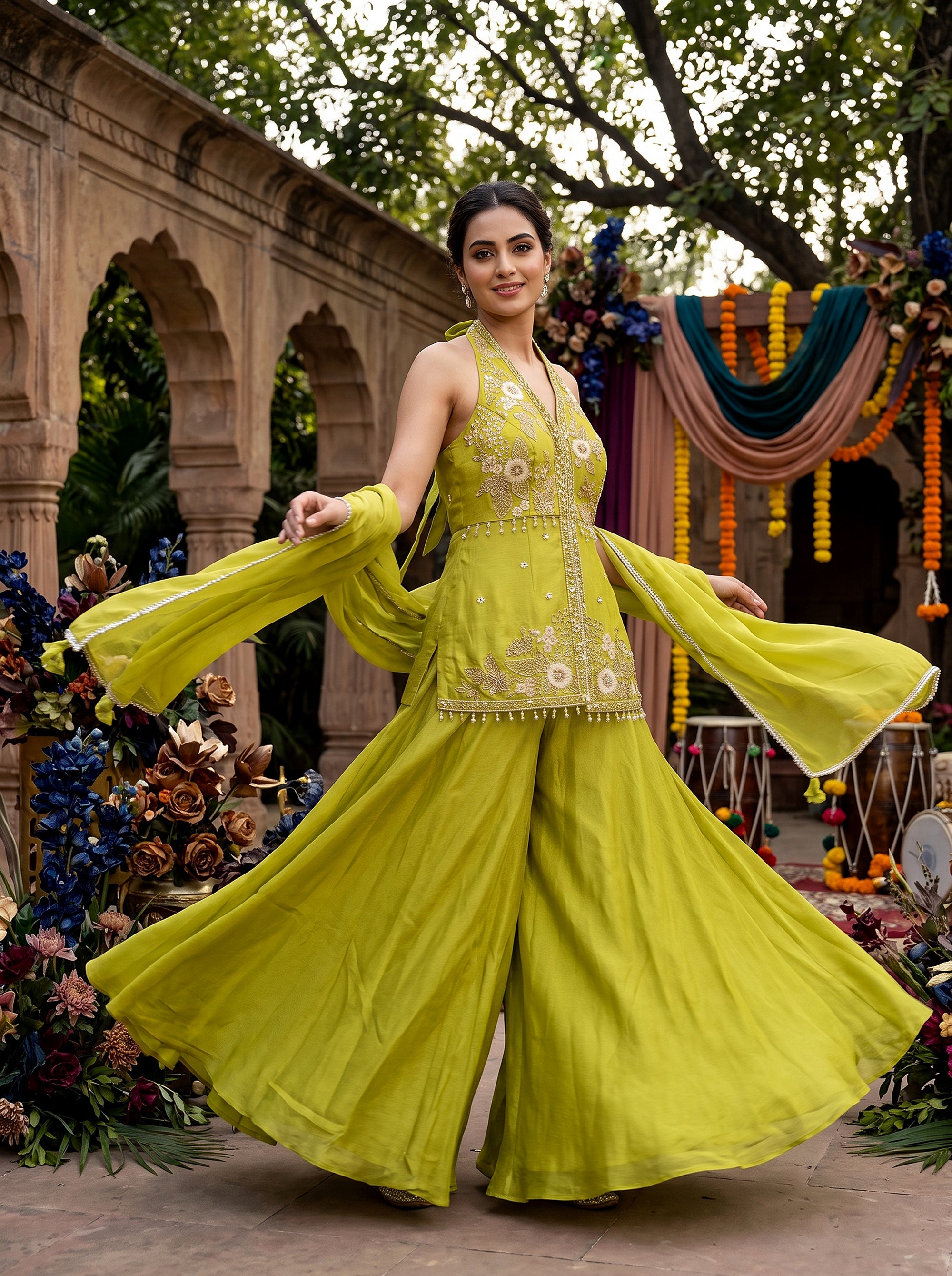 Mehendi Magic | Lime Green Halter Peplum Palazzo Suit Floral | Palkhi Fashion