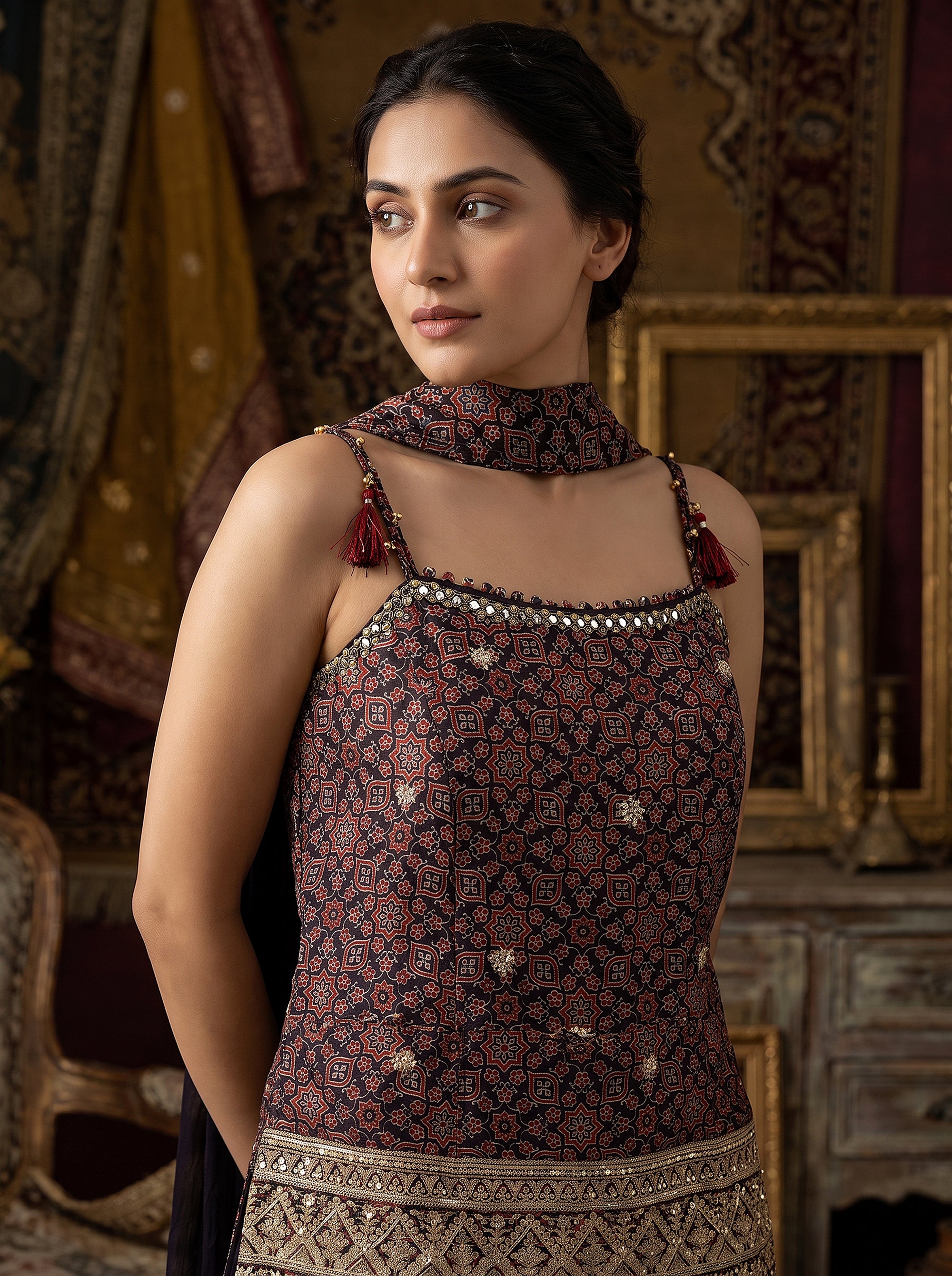Midnight Twirl | Black Printed Georgette Palazzo Suit | Palkhi Fashion