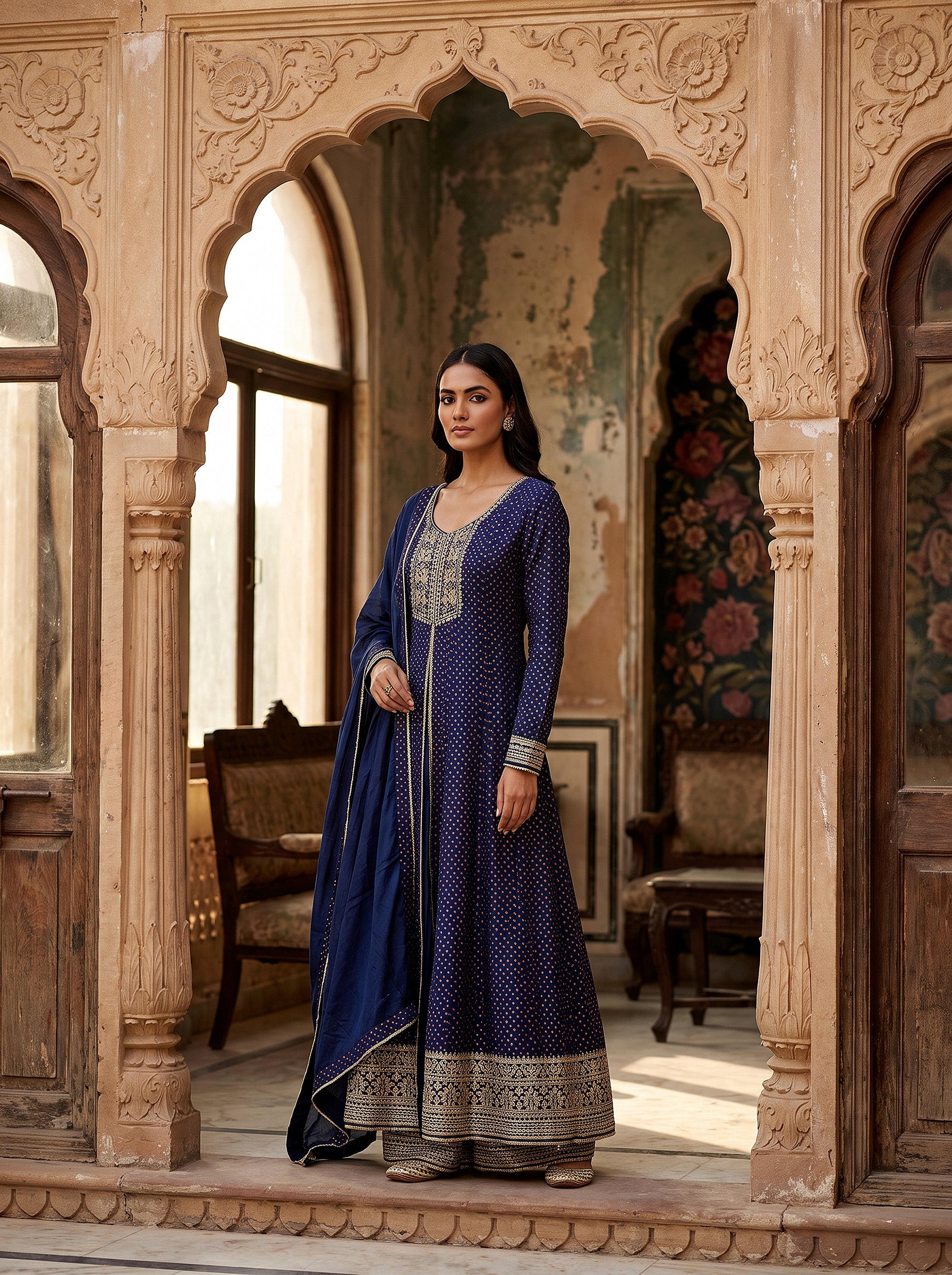 Midnight Glow | Navy Georgette Palazzo Suit With Bandhani Work | Palkhi Fashion