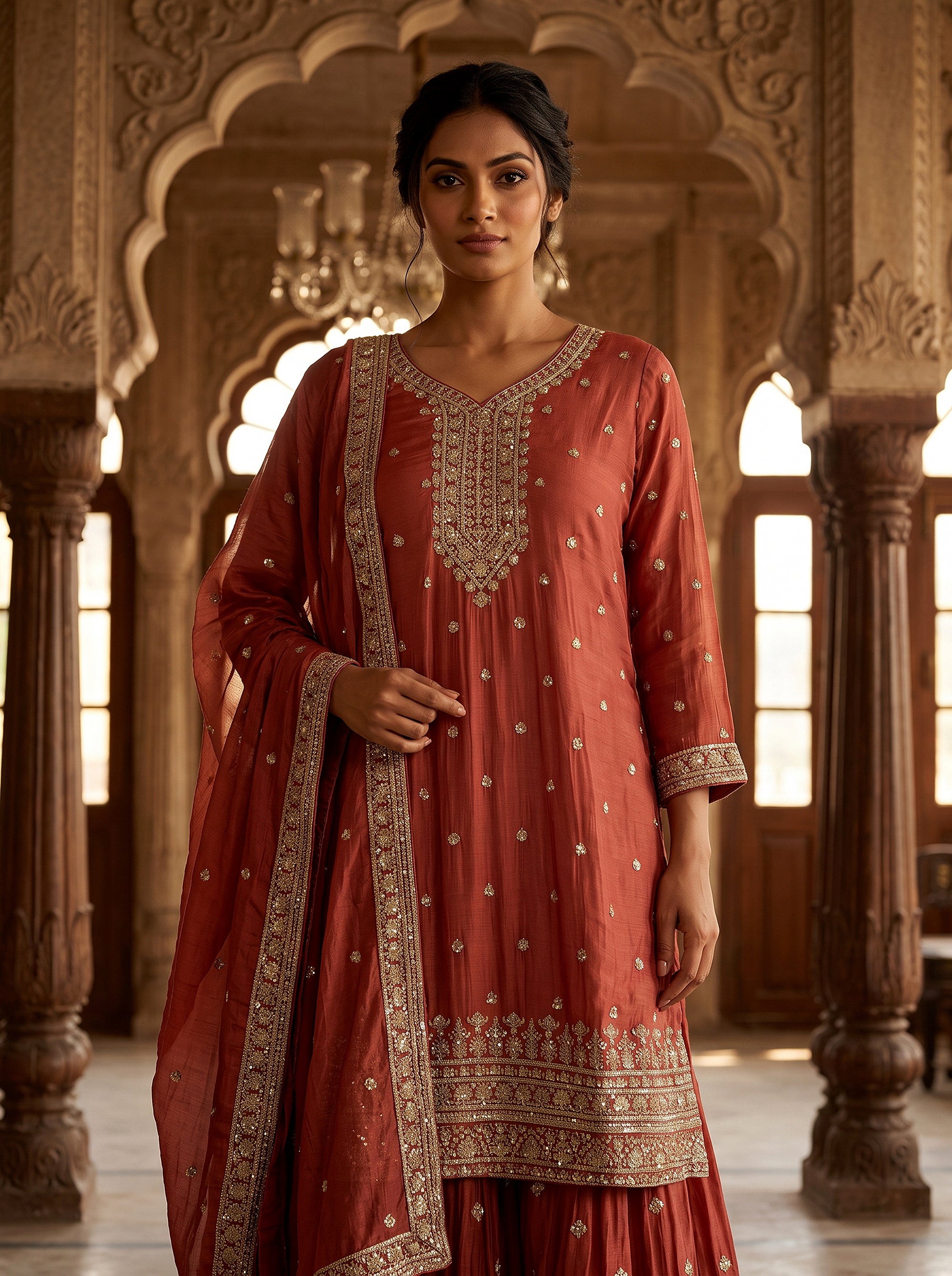 Majestic Aura | Light Rust Silk Embrodeiry Work Palazzo Suit | Palkhi Fashion