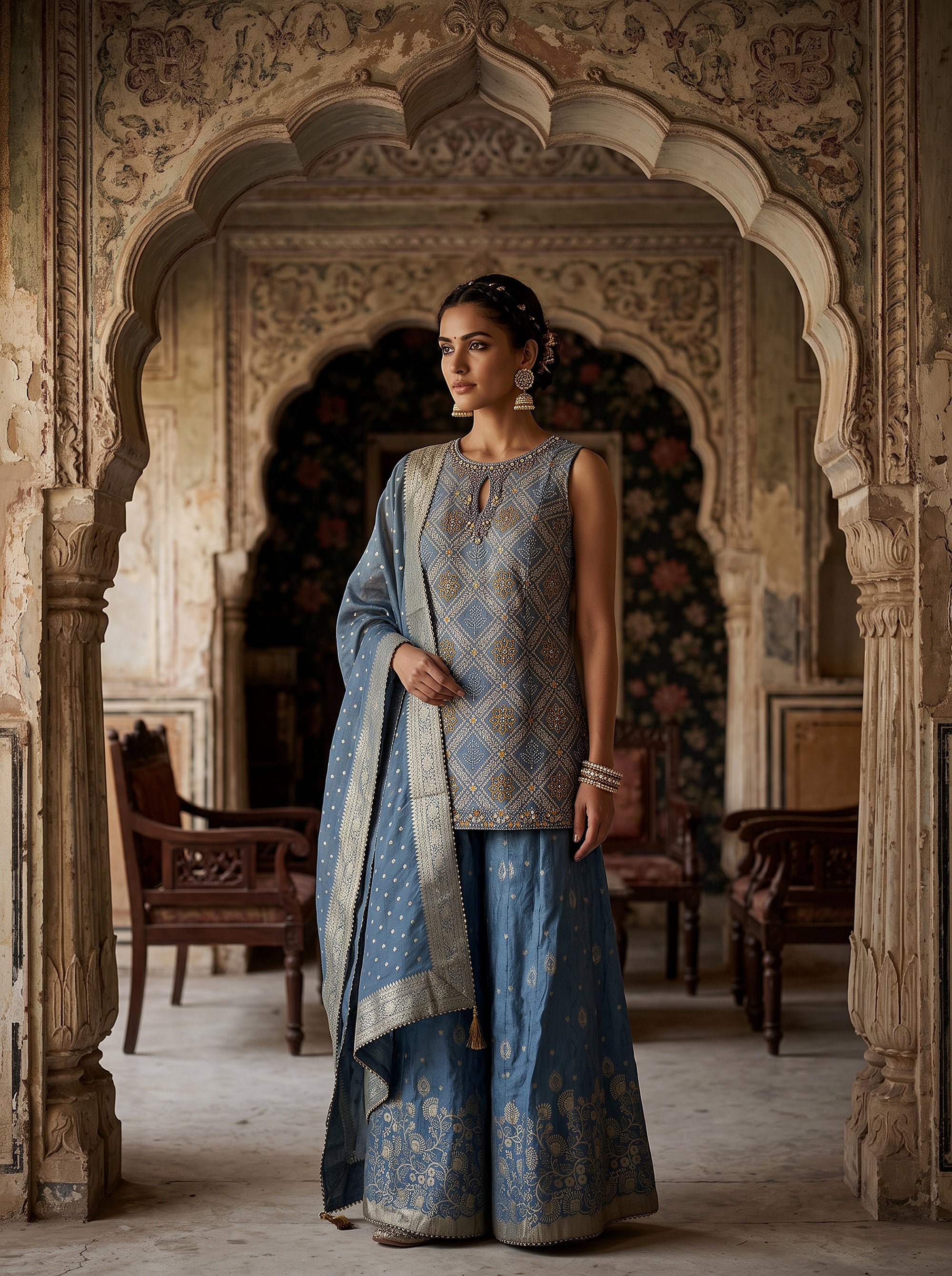 Azure Glow | Dusty Blue Silk Peplum Palazzo Suit Mirror Work | Palkhi Fashion