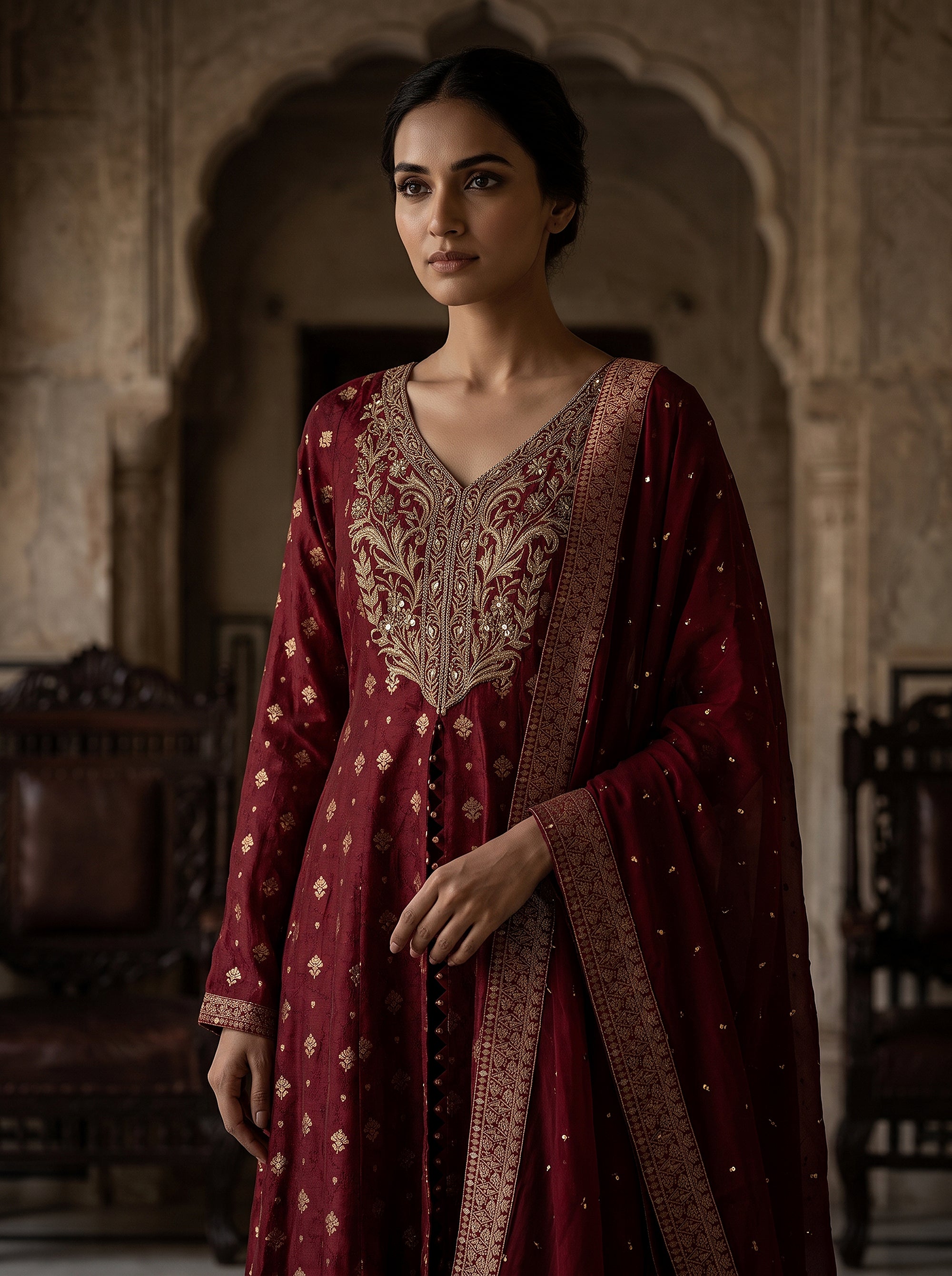 Majestic Maroon | Silk Front-Slit Palazzo Suit Zari Work | Palkhi Fashion