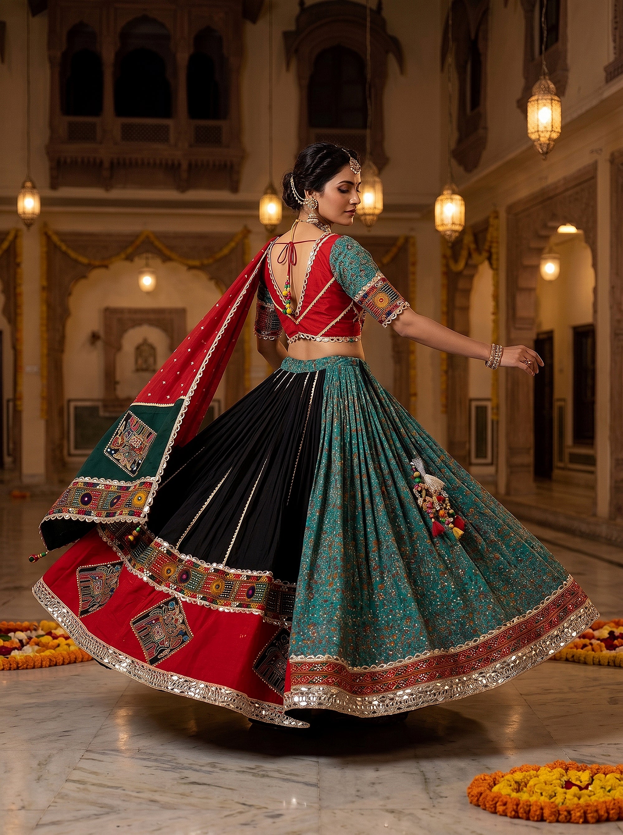 Festive Vibrance | Multi-Color Patchwork Cotton Chaniya Choli with Kutchi Mirror Work | Palkhi Fashion