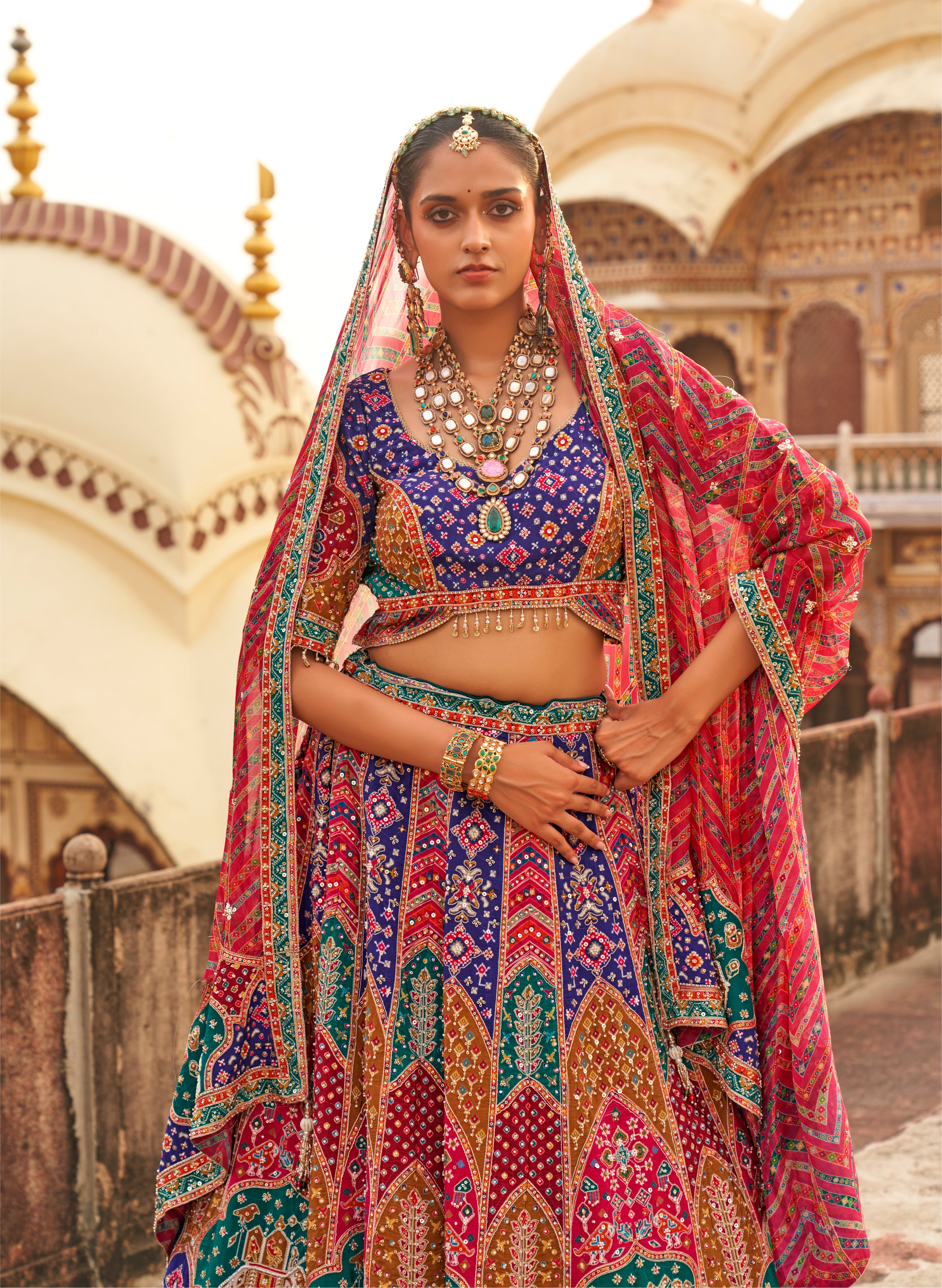 Royal Heritage | Multicolor Pure Silk Patola & Leheriya Handwork Lehenga | Palkhi Fashion
